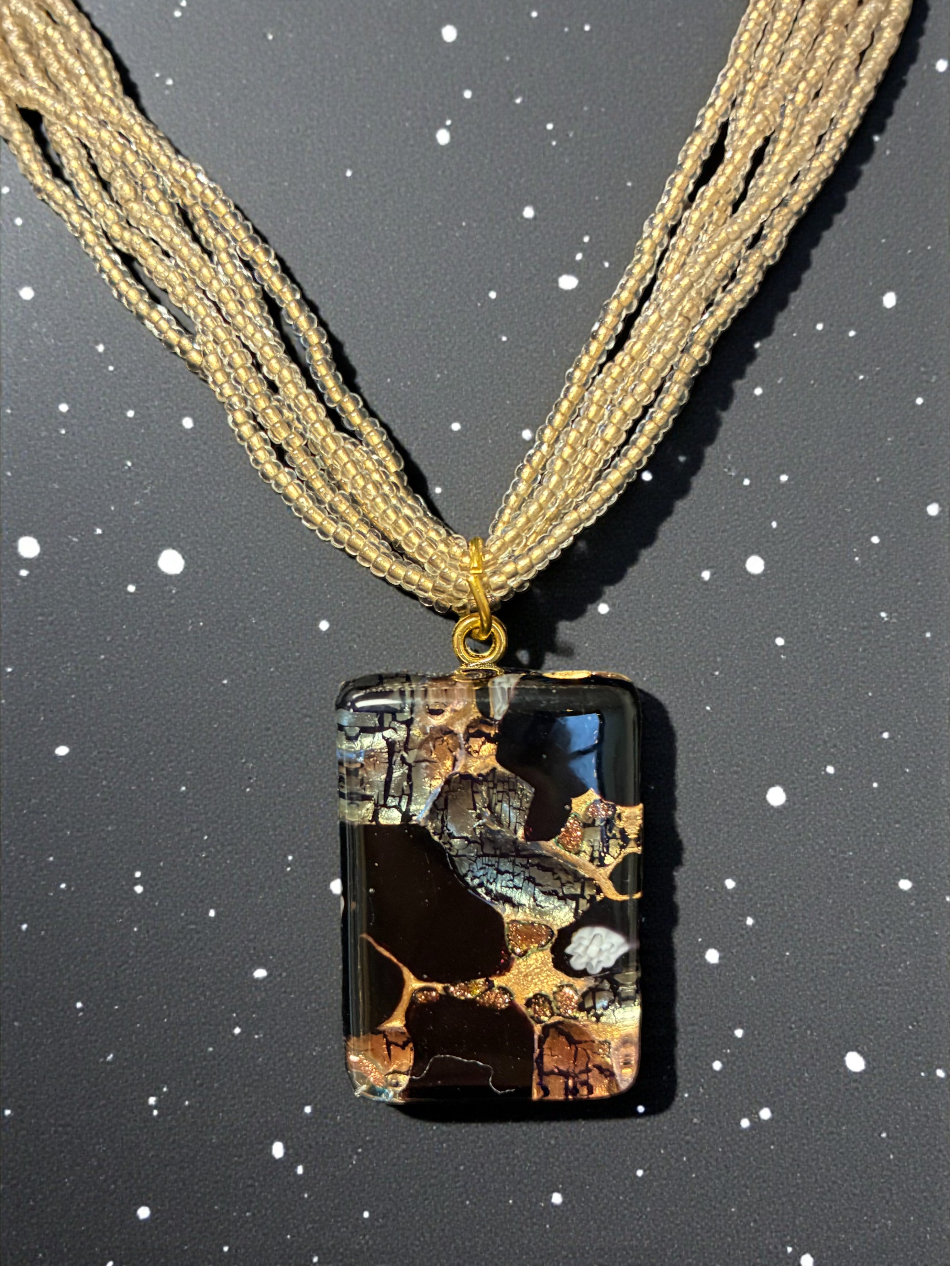 Stunning Gold and Black Murano Glass Rectangle Pendant with Yellow Multi-Strand Beads