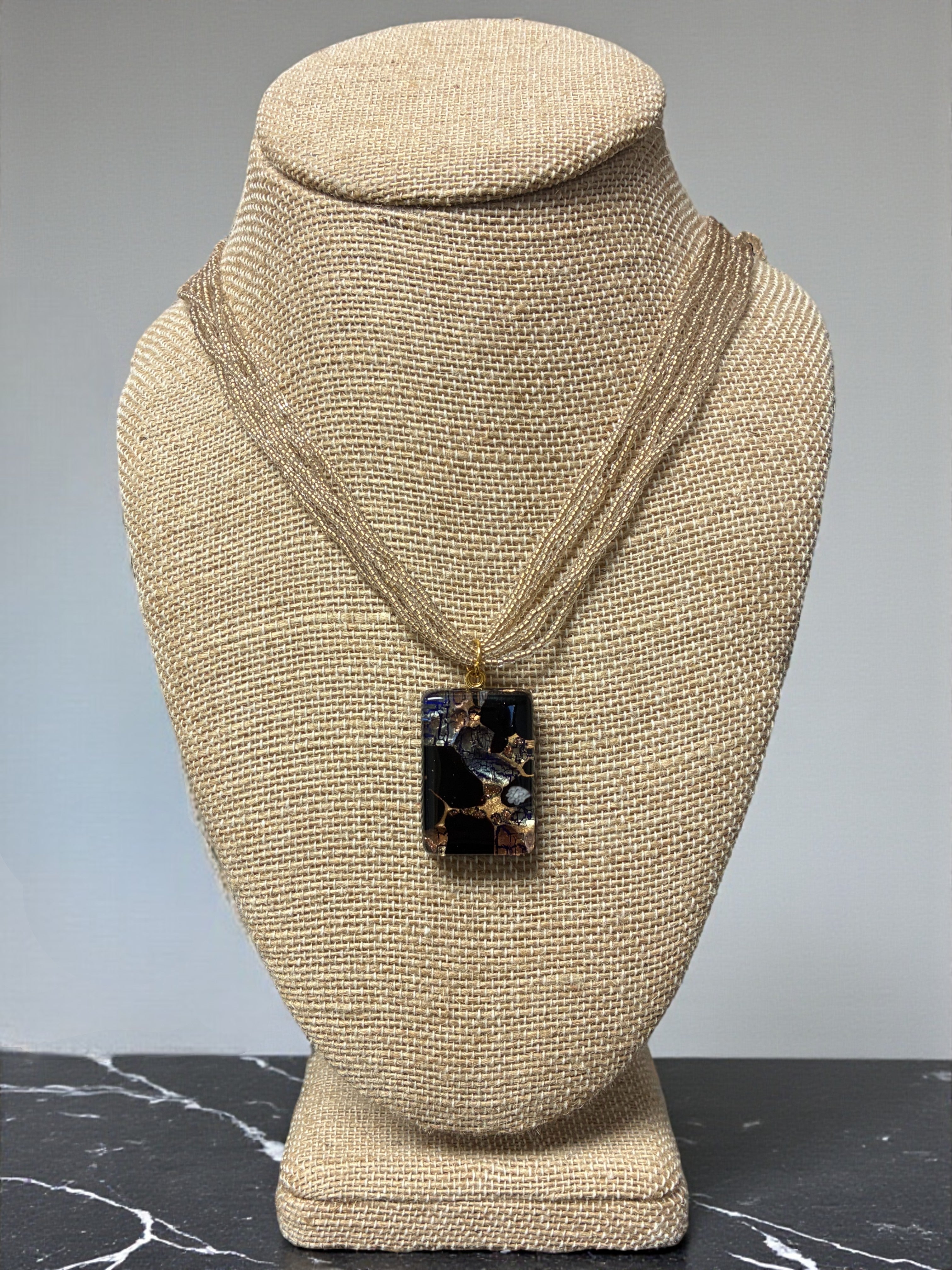 Stunning Gold and Black Murano Glass Rectangle Pendant with Yellow Multi-Strand Beads