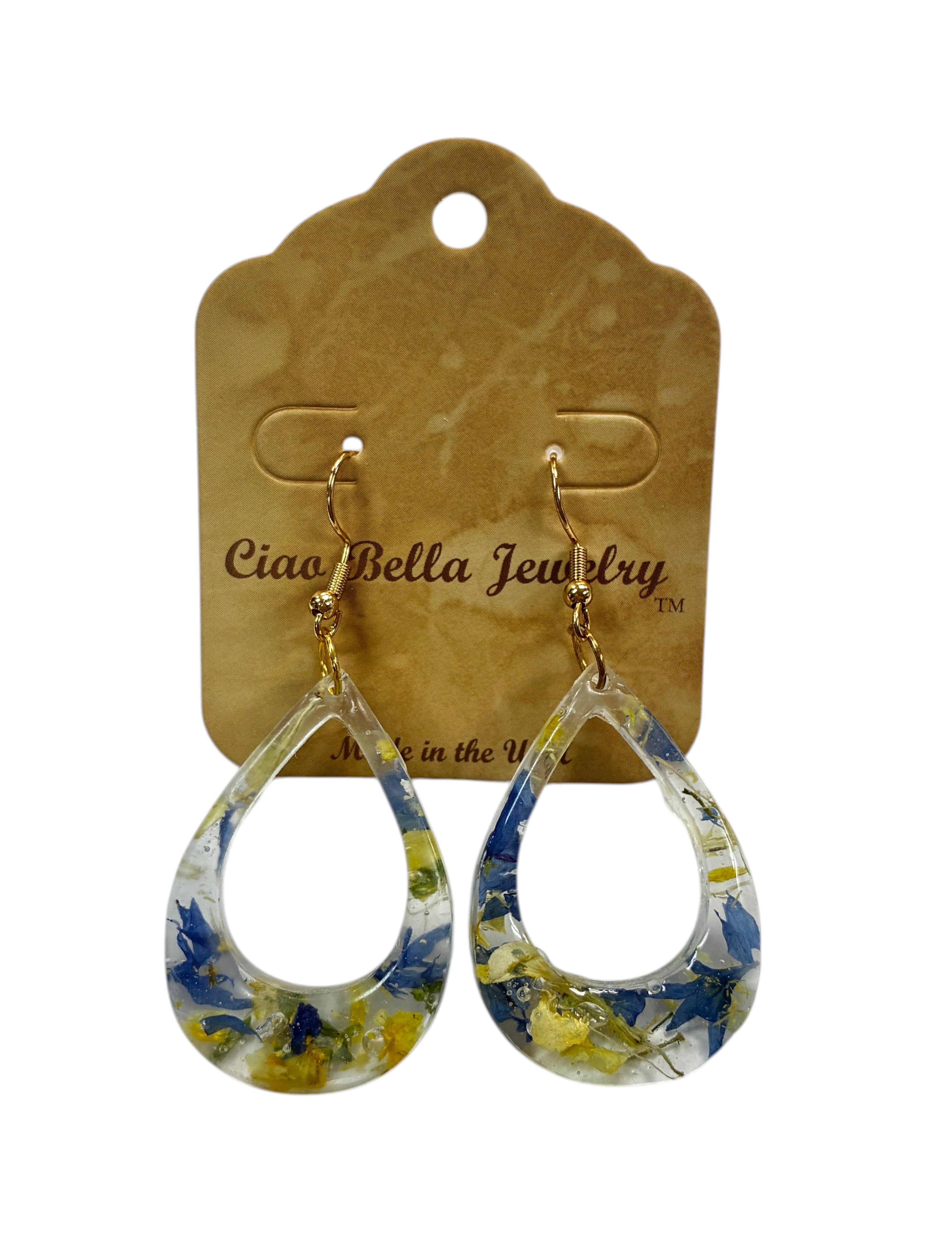Pressed Flower Resin Teardrop Earrings in Rainbow Variant Colors