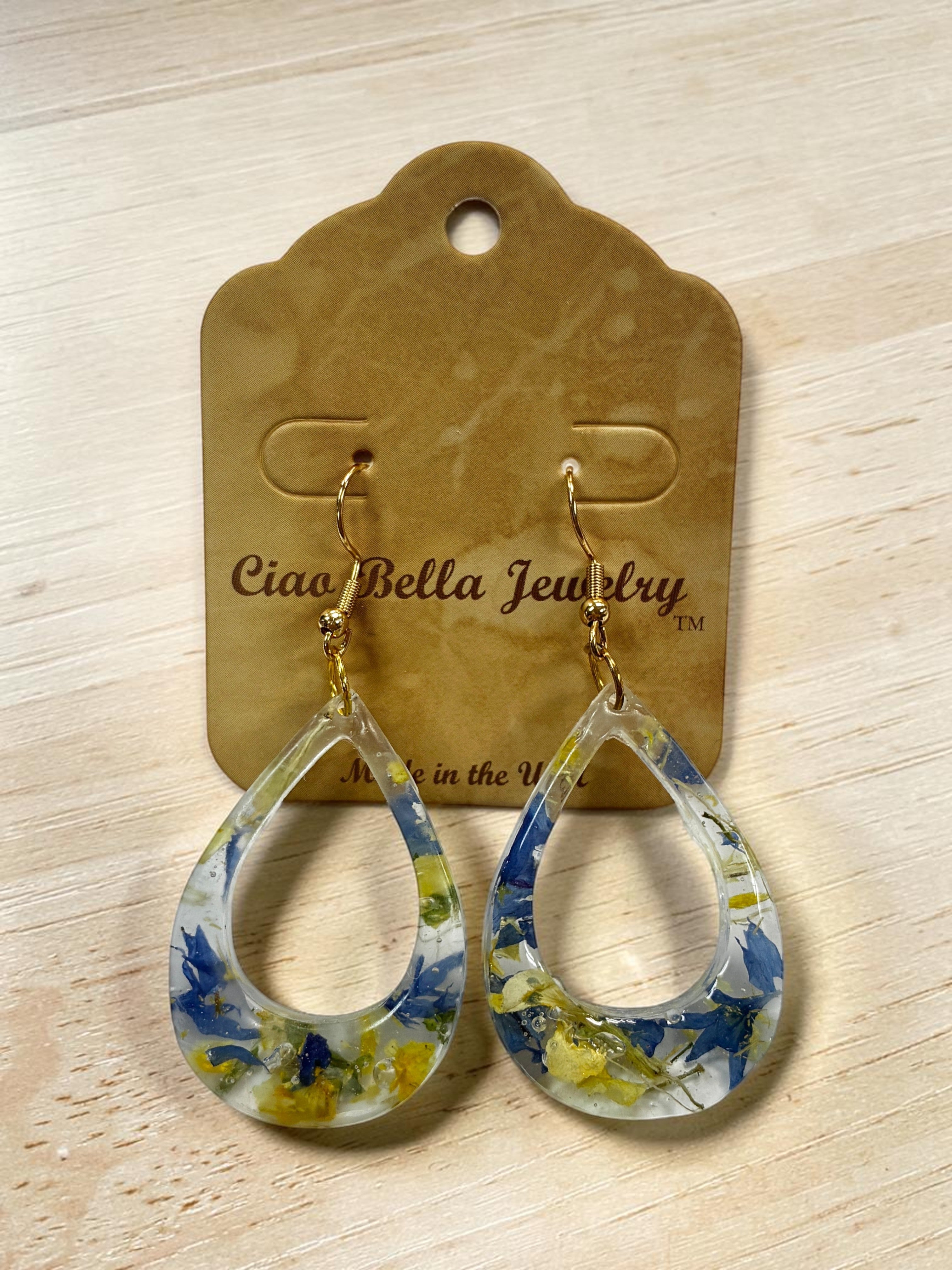 Pressed Flower Resin Teardrop Earrings in Rainbow Variant Colors