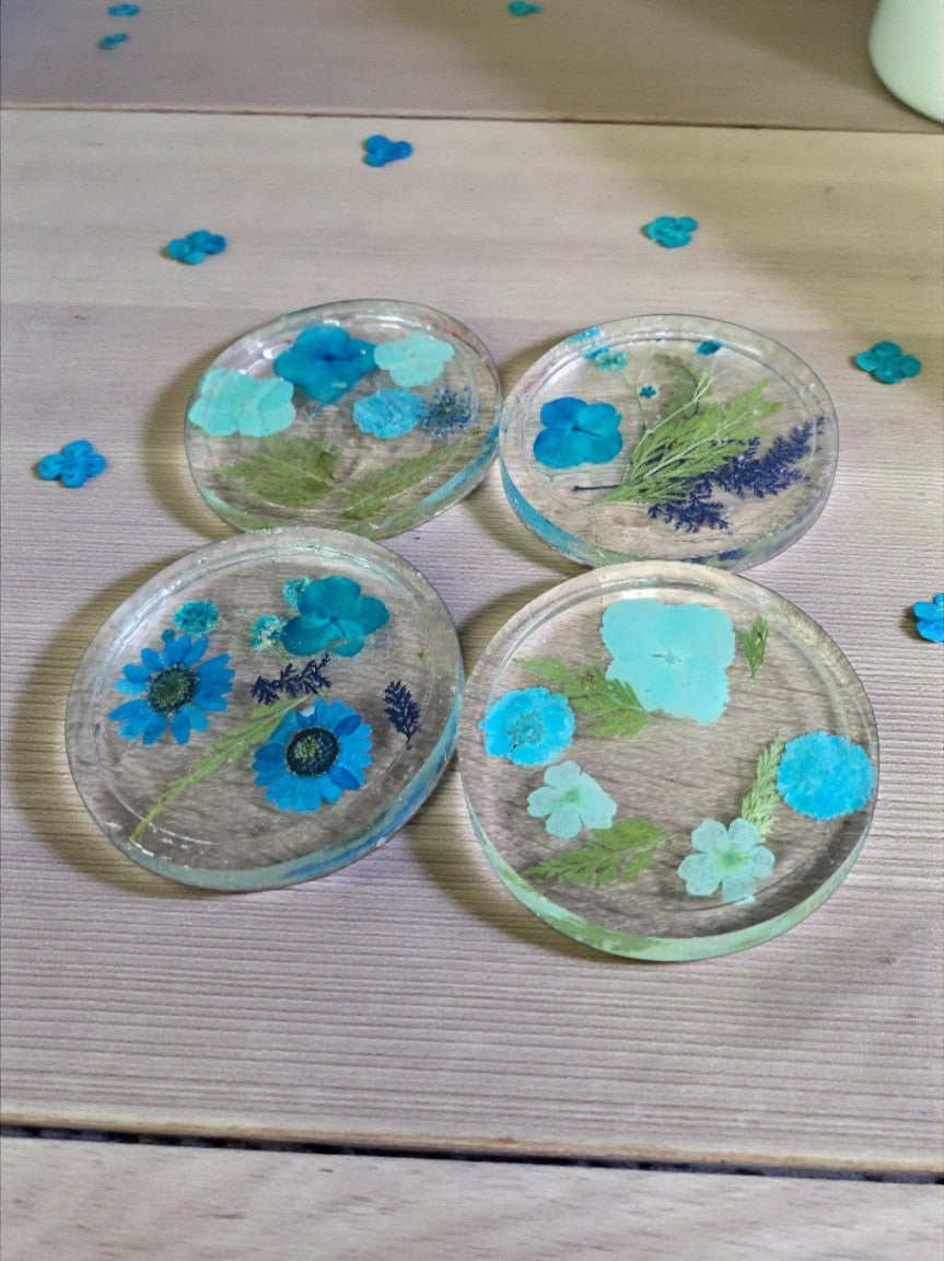 Four Pressed Flower Resin Coasters Set - Botanical Coaster with Real Flowers