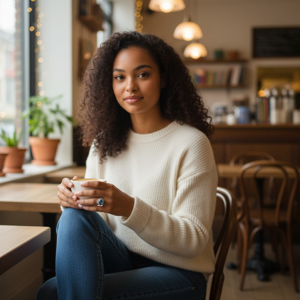 One-of-a-Kind Oval Blue Zircon Crystal Silver Ring with Intricate Halo Design (Adjustable)