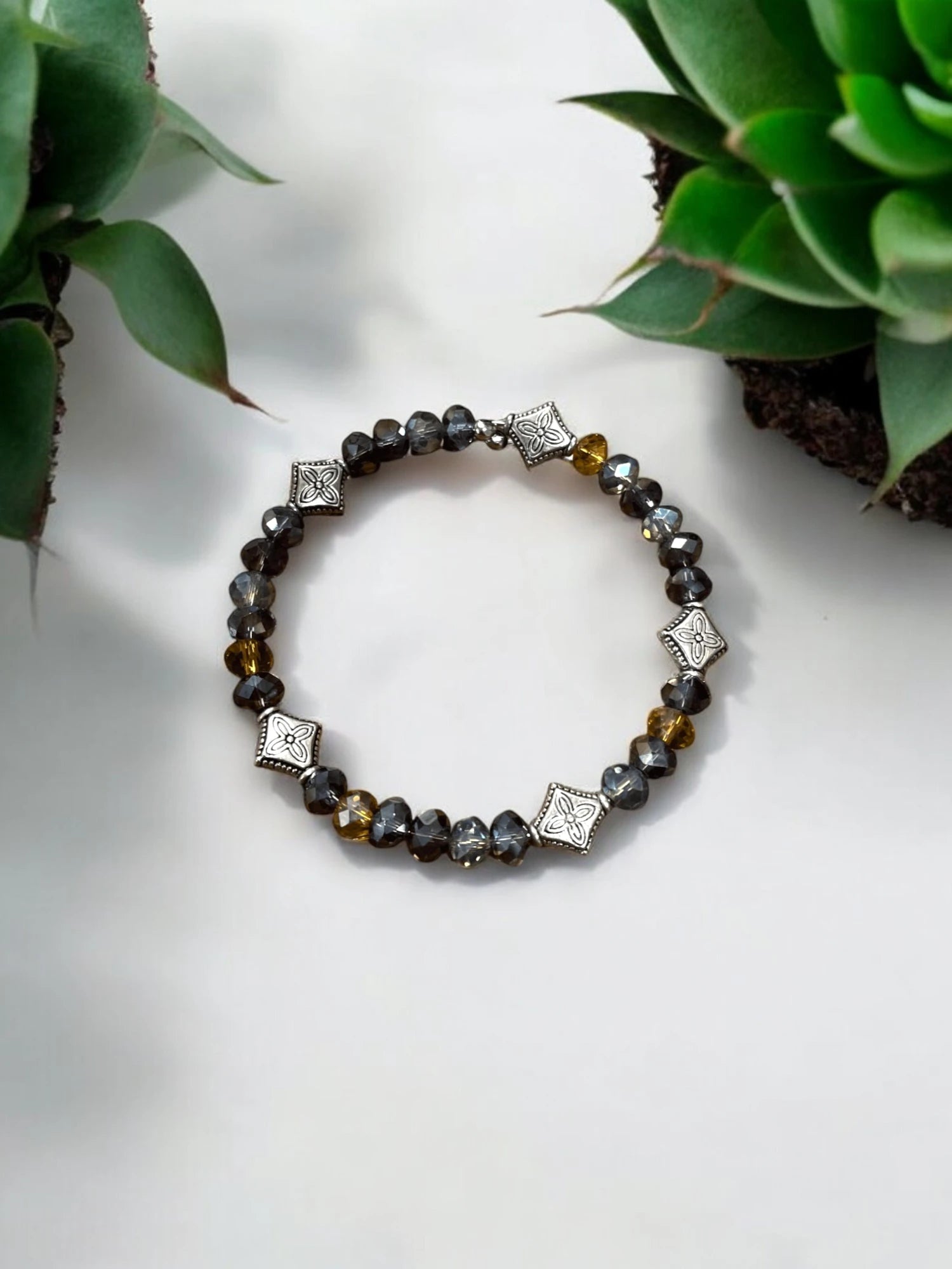 Peacock, Copper, and Amethyst Beaded Bracelet with Silver Accents | A Unique and Elegant Statement