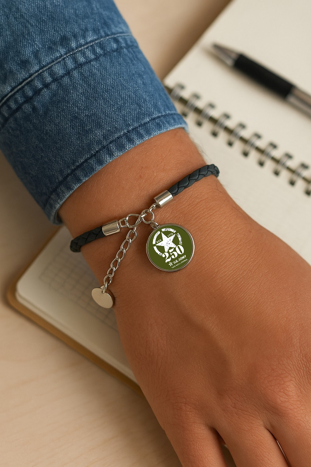Officially Licensed Military Leather Rope Charm Bracelet – 250th Anniversary -Made n USA (Army, Navy, Marine)