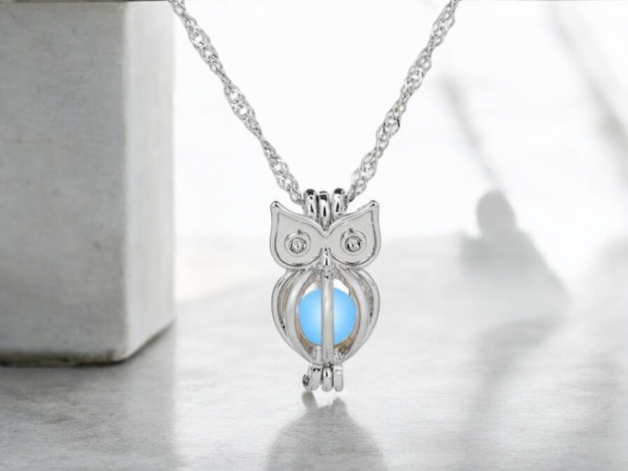 Owl Pendant Necklace Blue Glow in the Dark