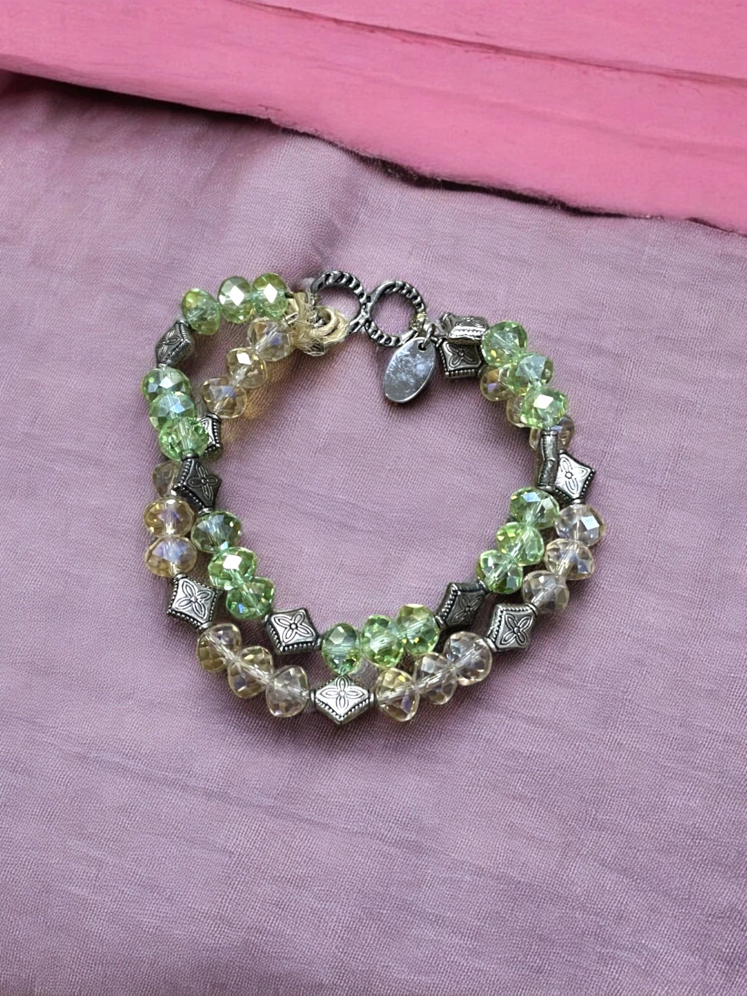 Green Crystal & Silver Double Strand Bracelet