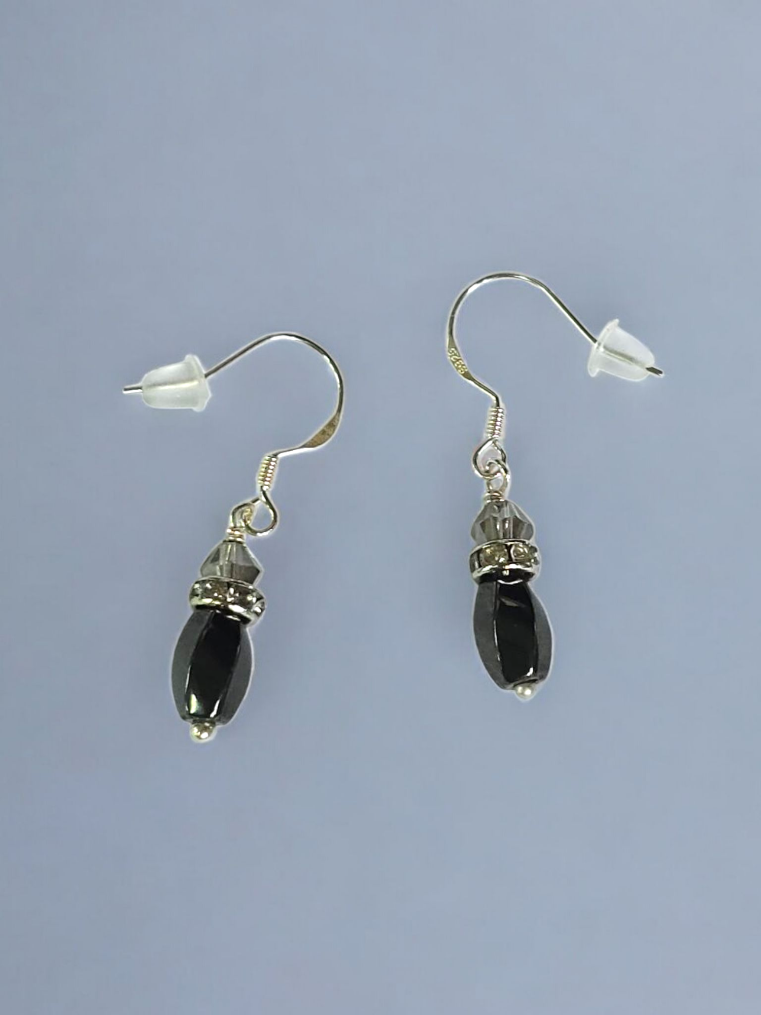 Black Gemstone Hematite Drop Earrings with Crystal Accents | Sterling Silver