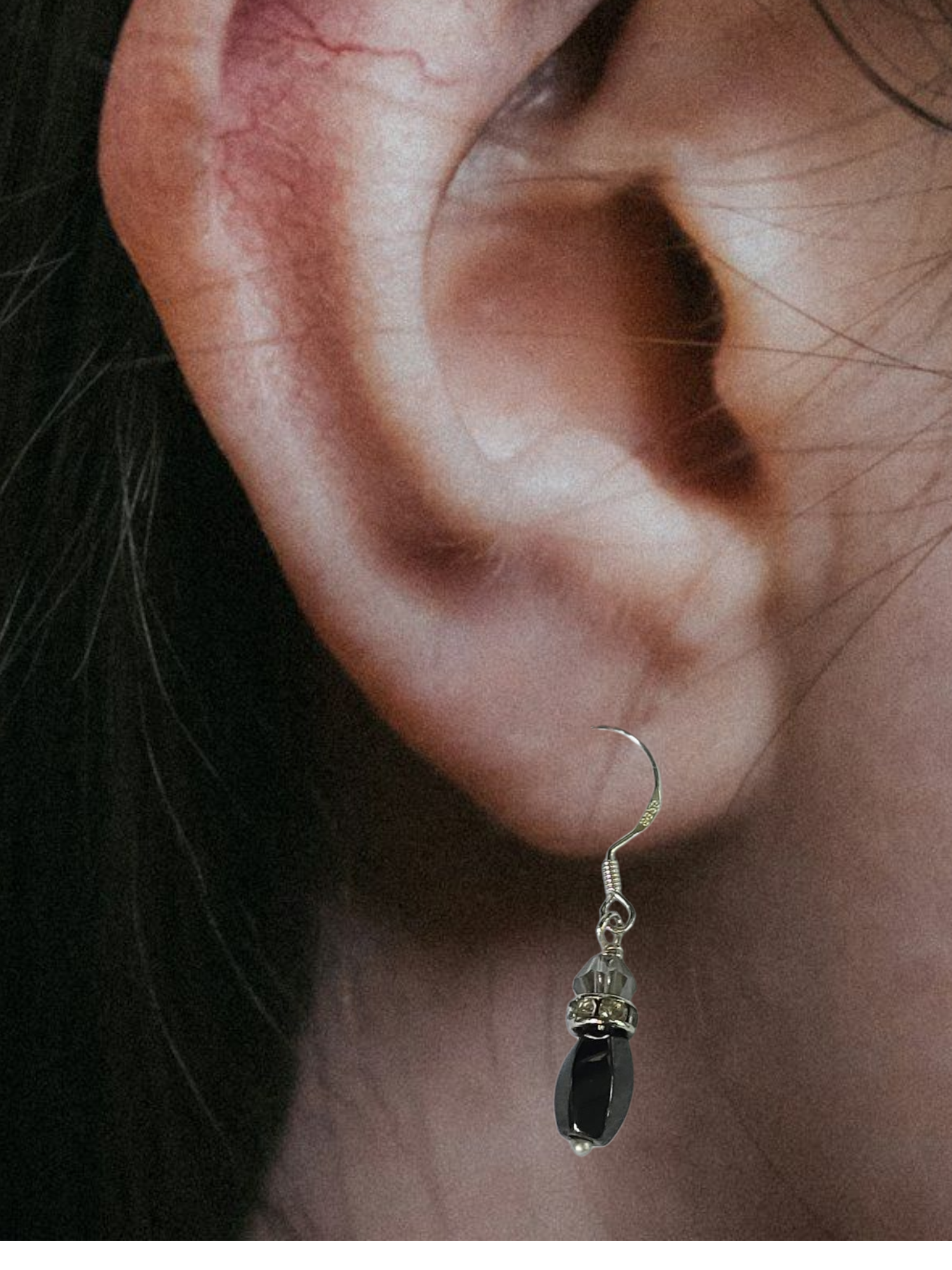 Black Gemstone Hematite Drop Earrings with Crystal Accents | Sterling Silver