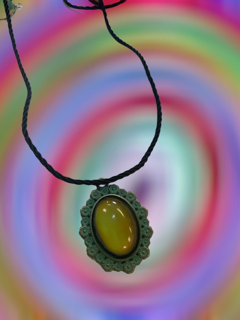 70s Mood Stone Necklace: Antique Gold Turquoise Patina Pendant