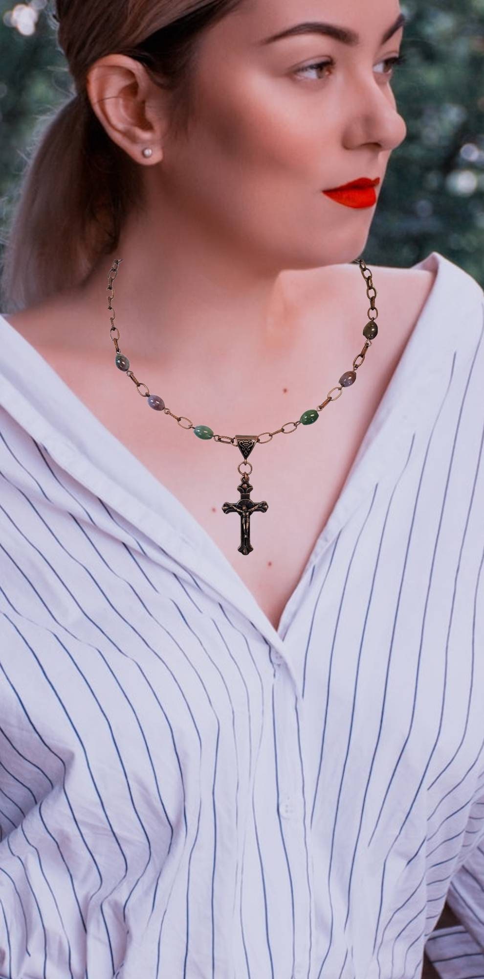 Cross Necklace - Gemstone Chain Cross Necklaces - Religious Jewelry - Christian Necklace - Crucifix Cross