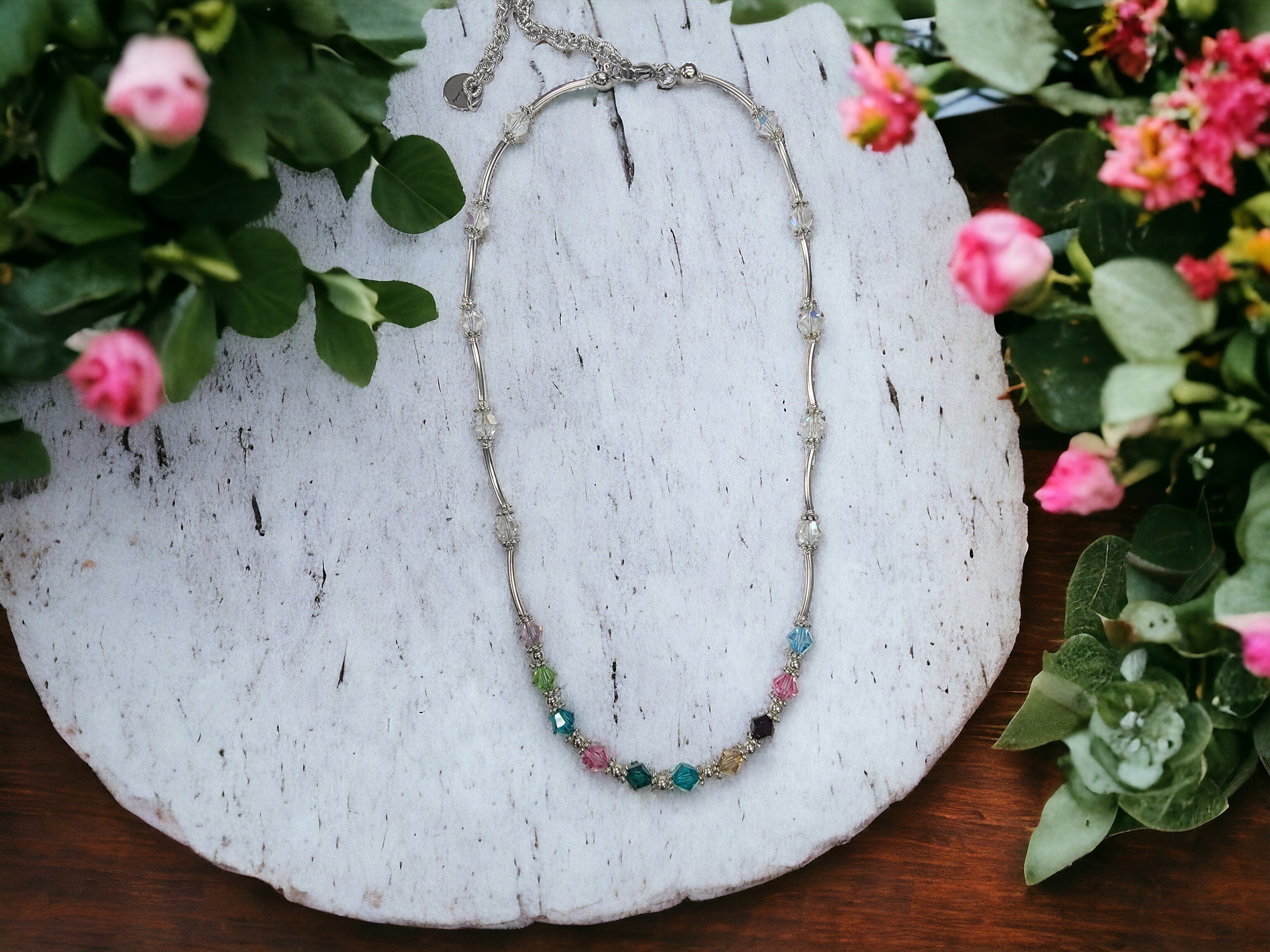 Personalized Birthstone Necklace: Sterling Silver Austrian Crystal Mom or Grandma Necklace