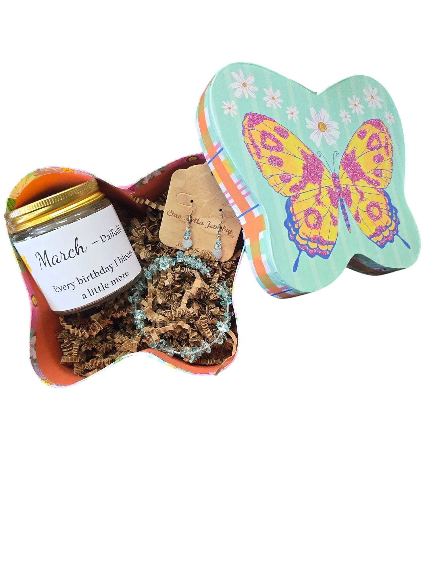 March Birthday Gift Box, Candle, Aquamarine Jewelry, Daffodil Mug, Butterfly Box, Women's Gift