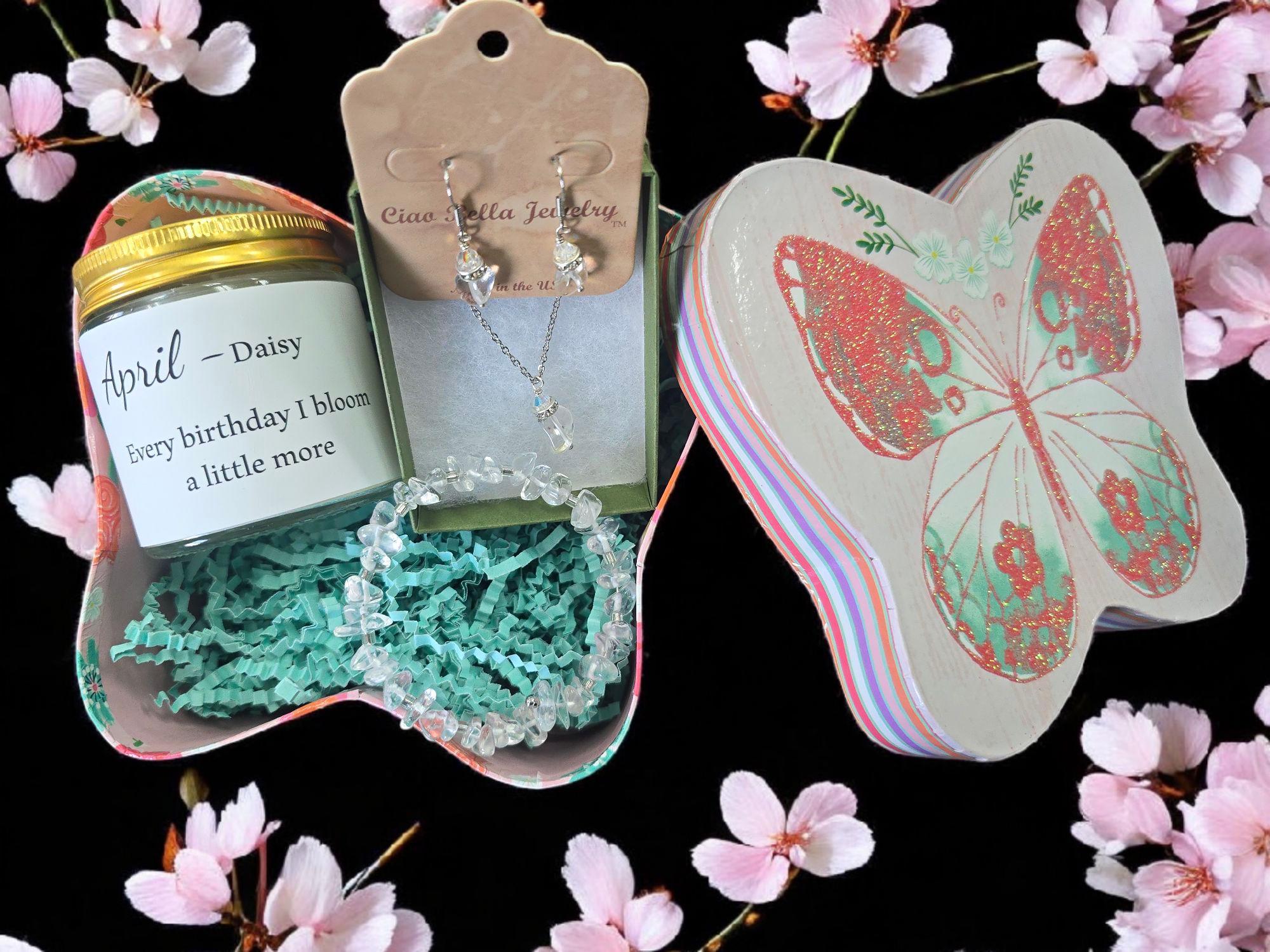 April Birthday Gift Box, Candle, Quartz Jewelry, Daisy Mug, Butterfly Box, Women's Birthday Gift