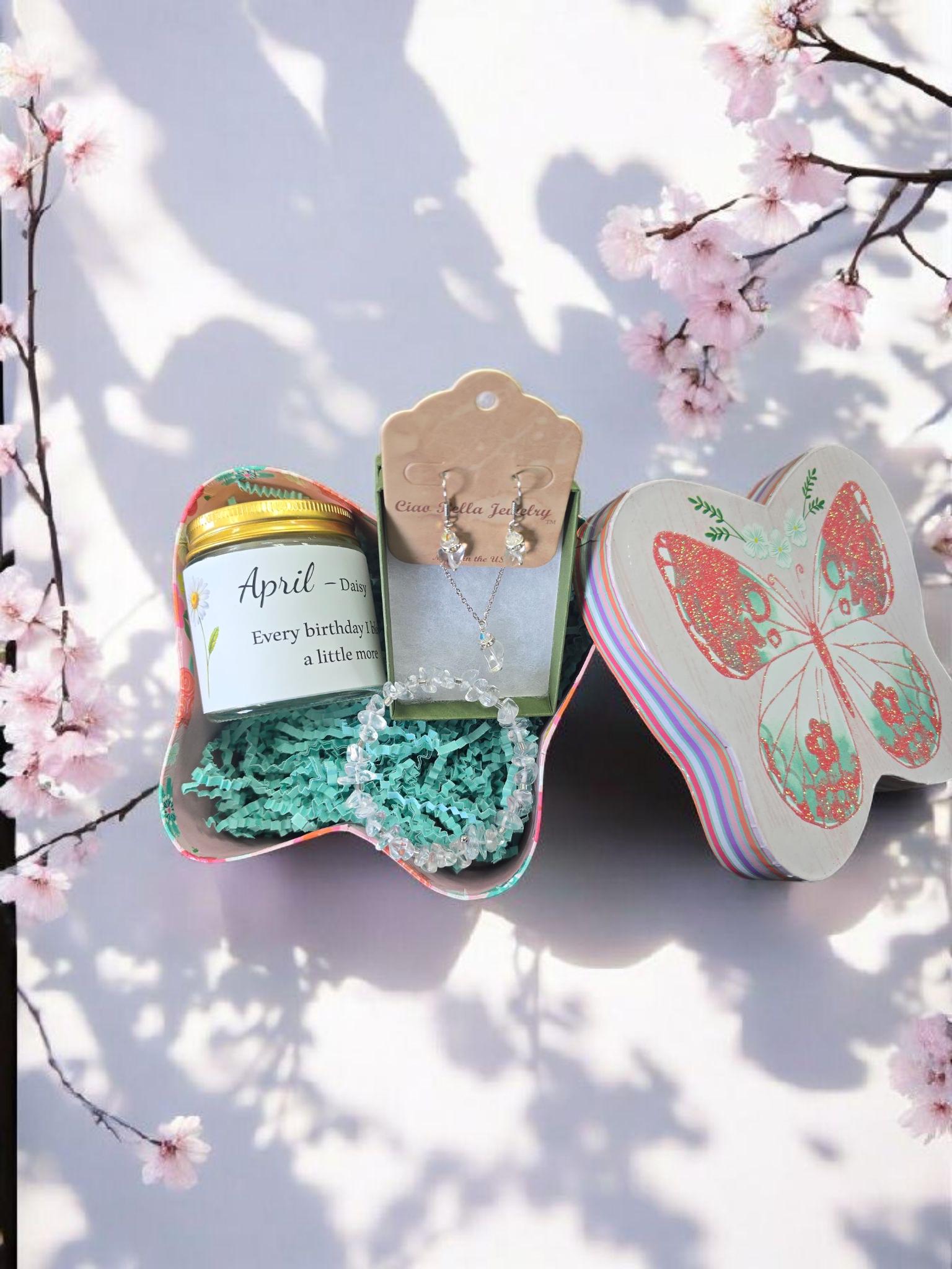 April Birthday Gift Box, Candle, Quartz Jewelry, Daisy Mug, Butterfly Box, Women's Birthday Gift