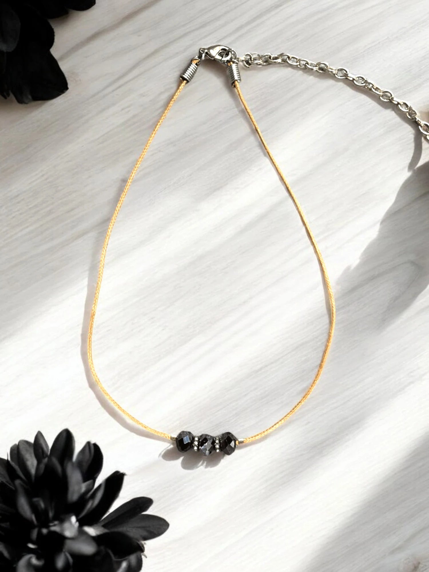 Three Jet Black Crystal Necklace, Minimalist Cord Necklace