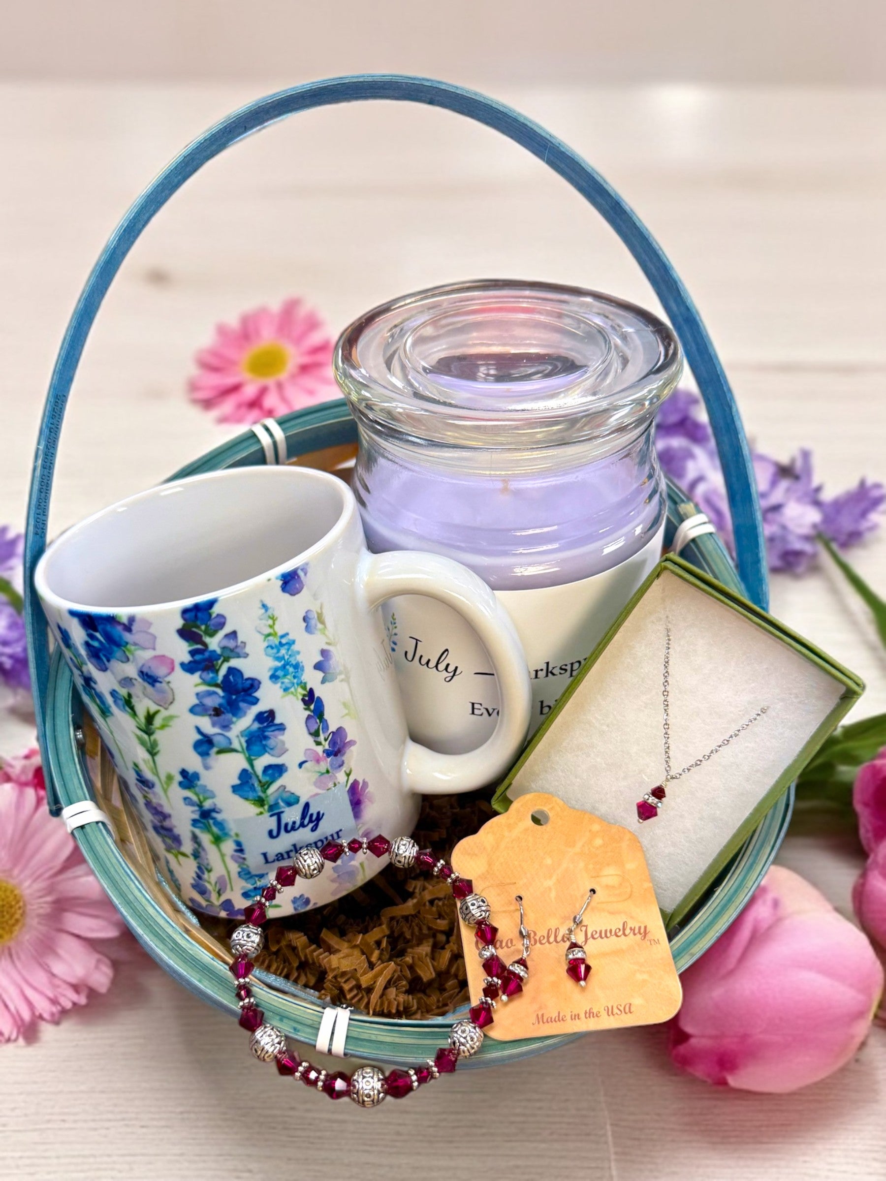July Birthday Gift Box, Candle, Ruby Jewelry, Larkspur Mug, Women's Gift