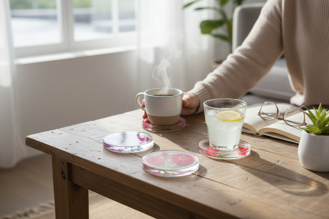 Four Pressed Flower Resin Coasters Set - Botanical Coaster with Real Flowers