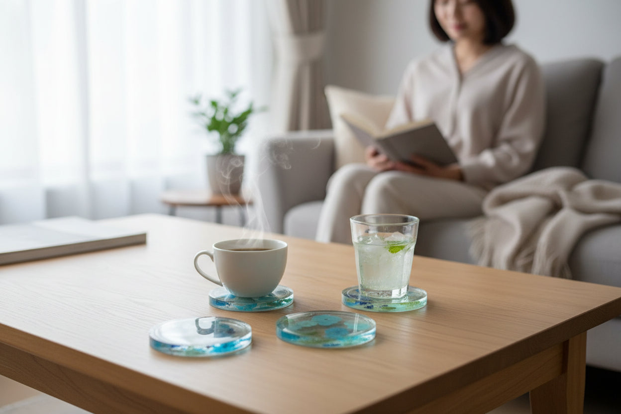 Four Pressed Flower Resin Coasters Set - Botanical Coaster with Real Flowers