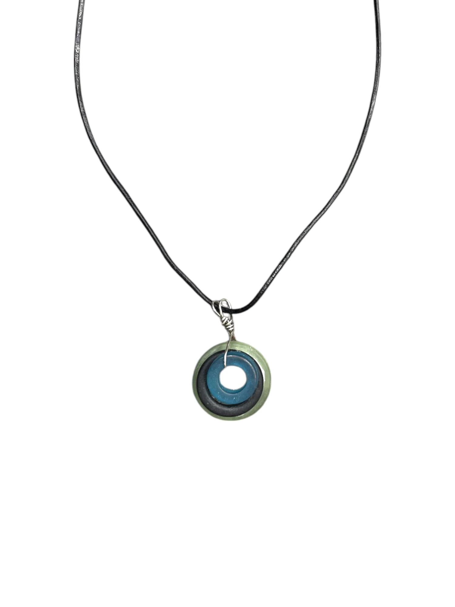 Sea Glass Pendant Necklace, Light Green, Black & Blue, Black Glass on a Black Cord
