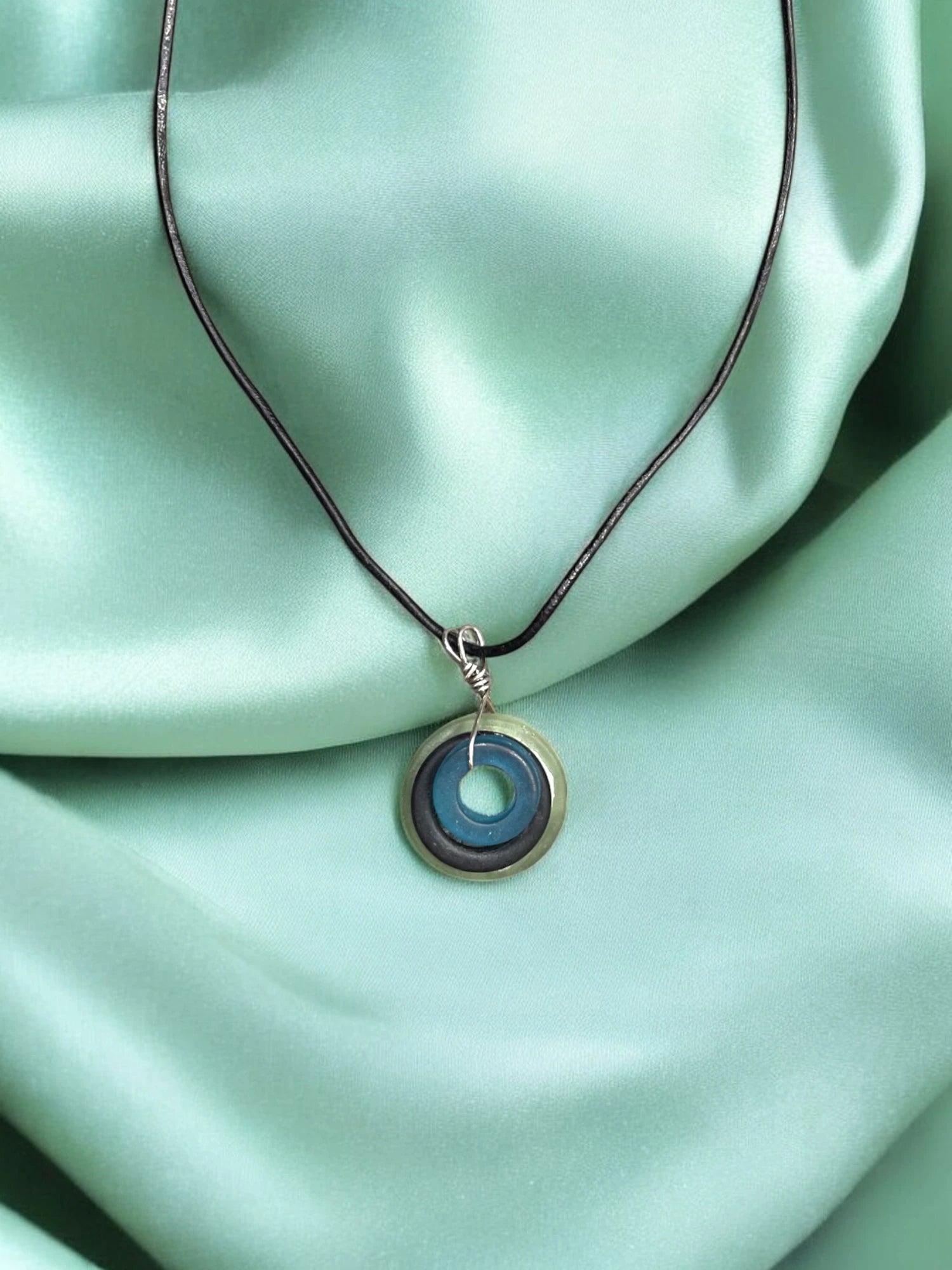 Sea Glass Pendant Necklace, Light Green, Black & Blue, Black Glass on a Black Cord