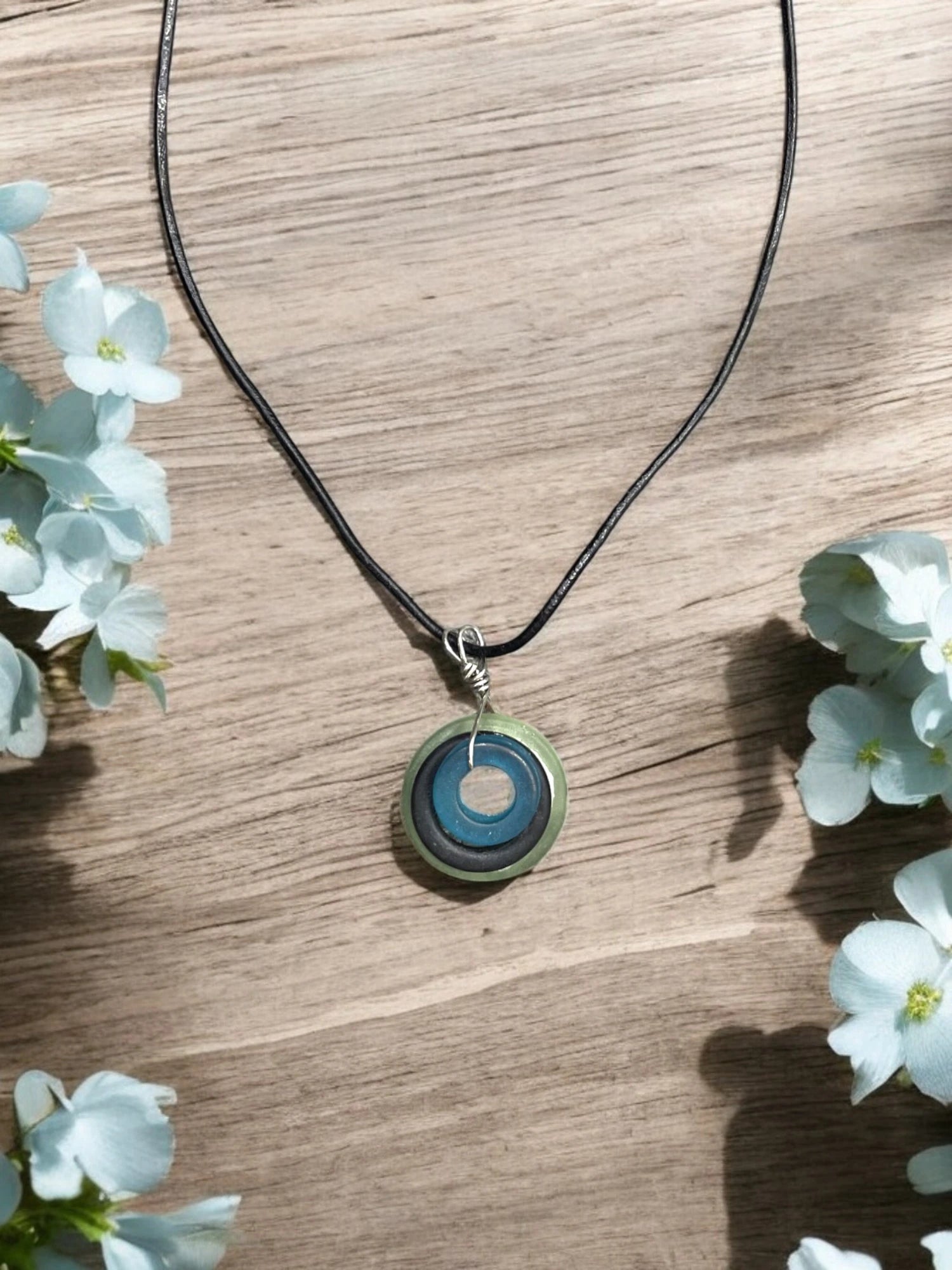 Sea Glass Pendant Necklace, Light Green, Black & Blue, Black Glass on a Black Cord