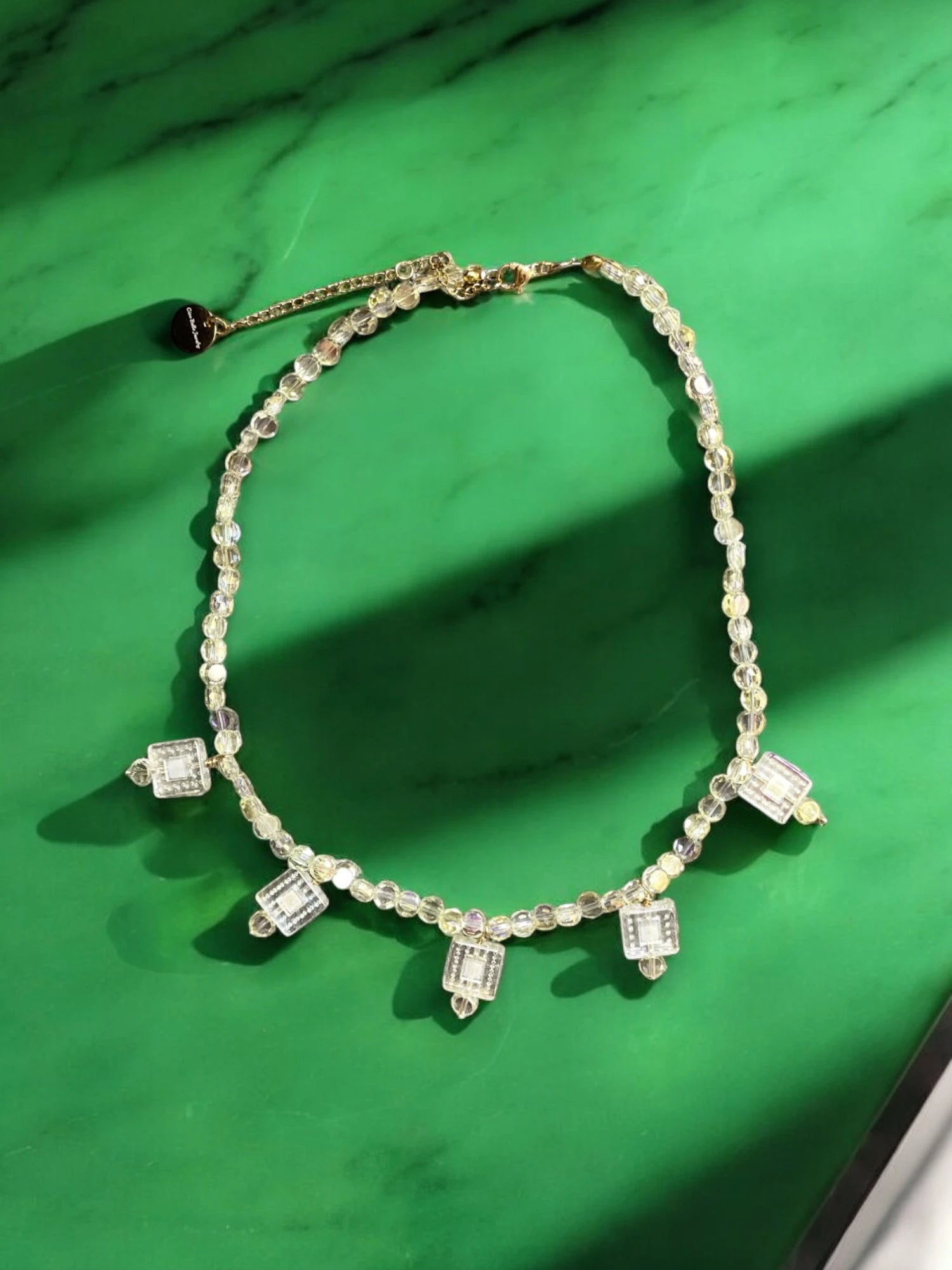 Peridot Beaded Necklace with Crystal Square Pendants