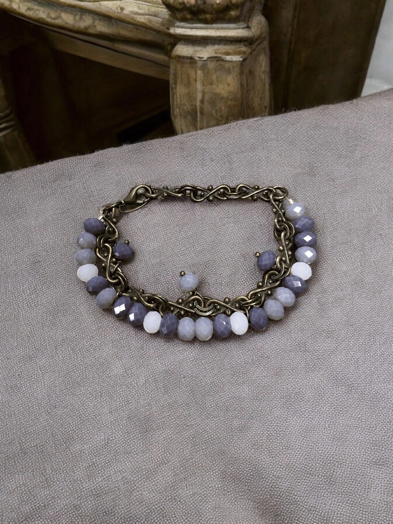 Purple Beaded Crystal & Gold Filigree Chain Bracelet, Dangle Charm Bracelet