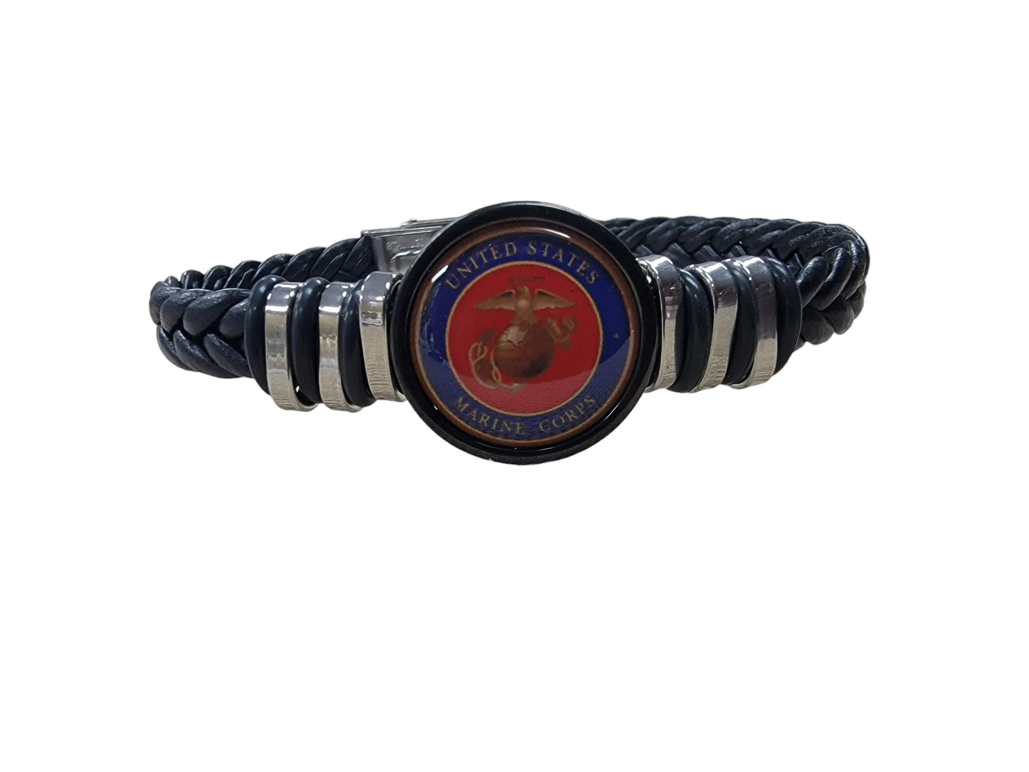 Marine Corps Black Braided Leather Bracelet, Eagle Globe Anchor (EGA) or Marine Seal Symbol, Officially Licensed