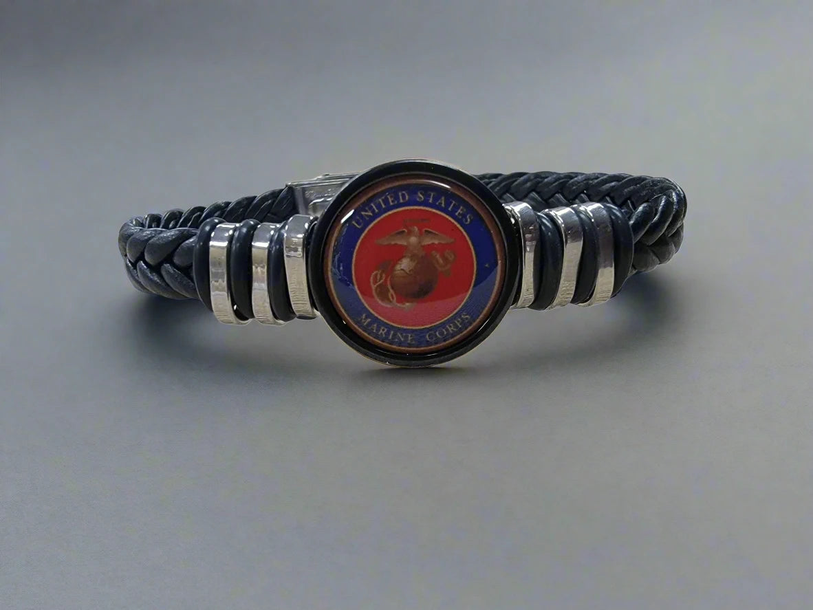 Marine Corps Black Braided Leather Bracelet, Eagle Globe Anchor (EGA) or Marine Seal Symbol, Officially Licensed