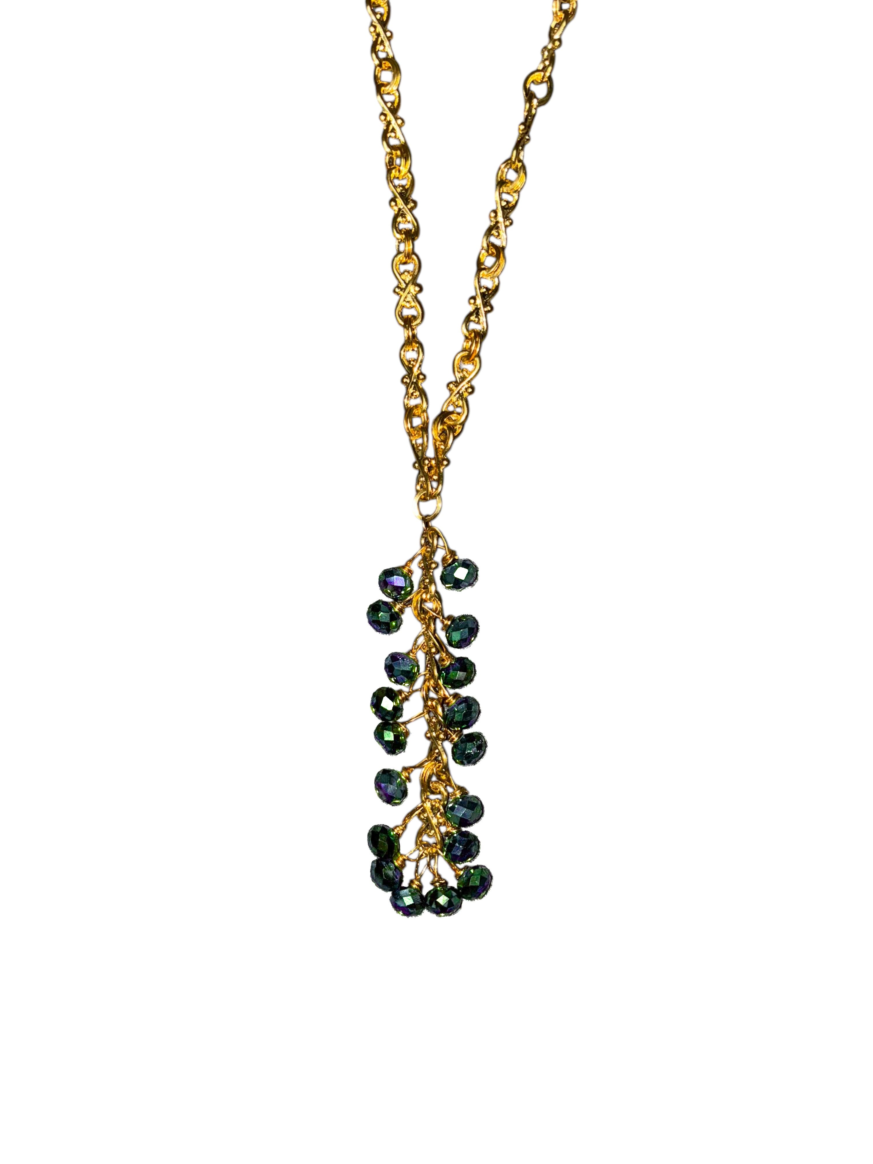 Metallic Peacock Green Crystal Long Chain Cluster Necklace