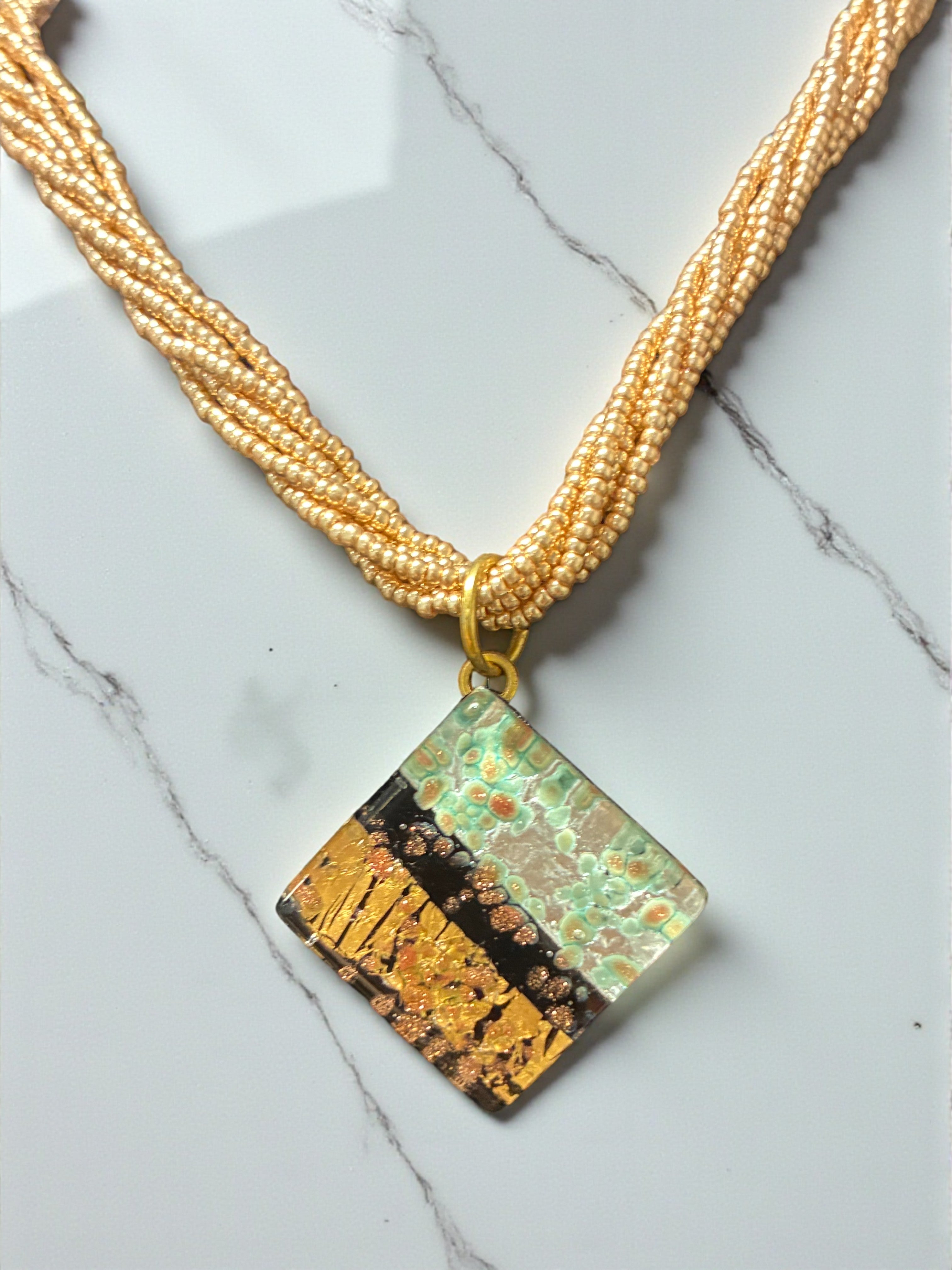 Exquisite Mint and Gold Murano Glass Diamond Pendant on Vibrant Yellow Multi-Strand Beads