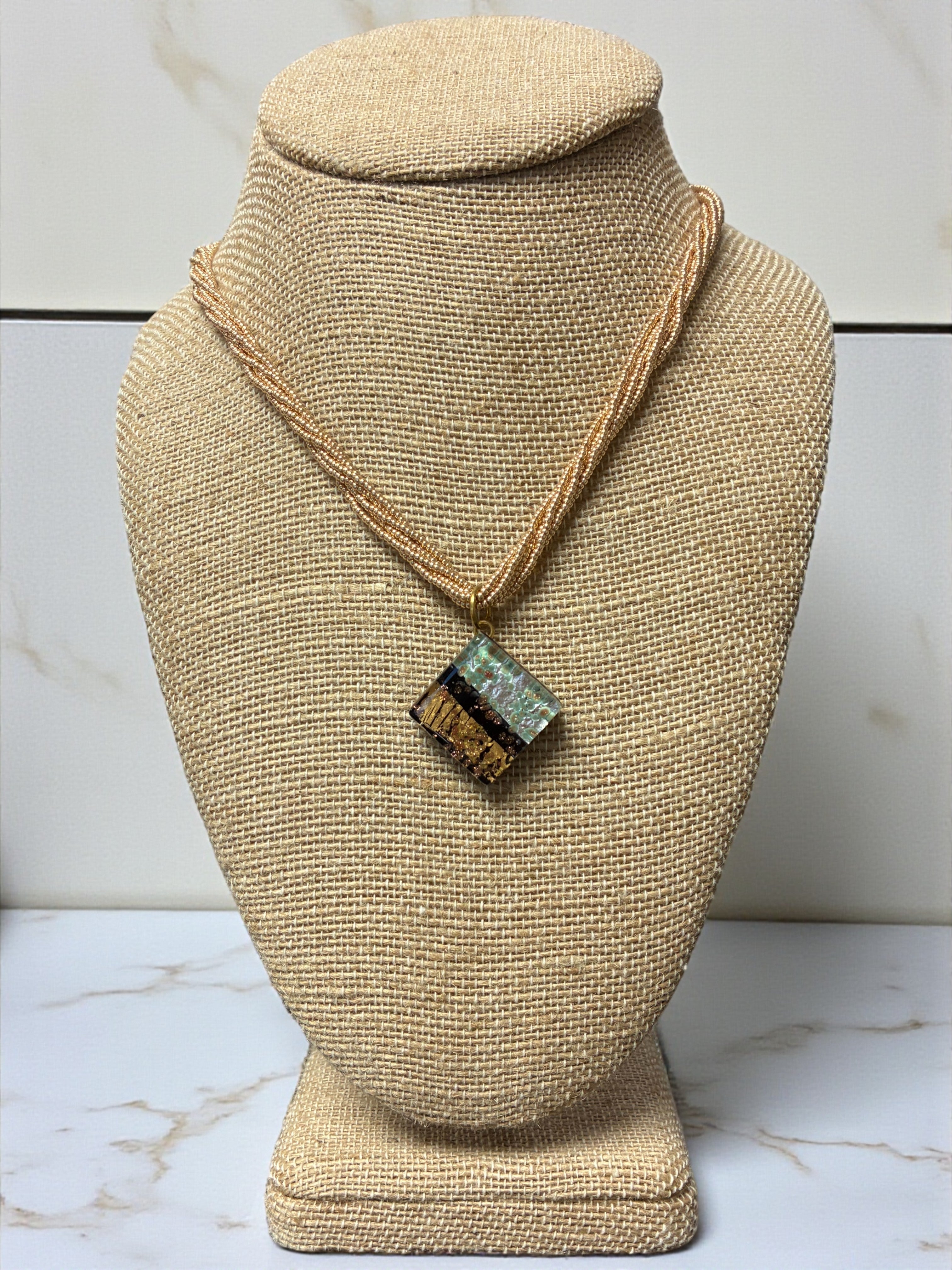 Exquisite Mint and Gold Murano Glass Diamond Pendant on Vibrant Yellow Multi-Strand Beads