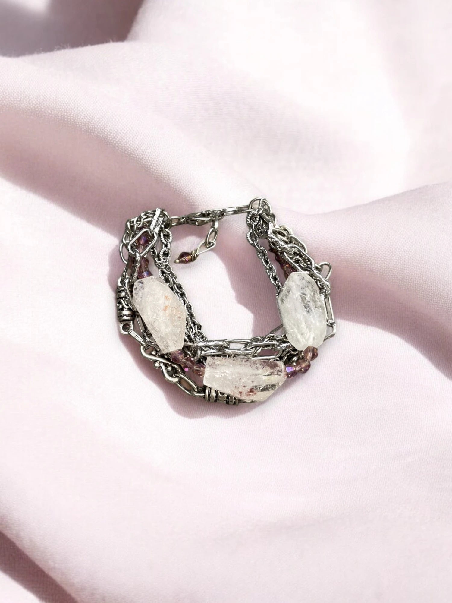 Multistrand Rose Quartz & Stainless Steel Chain Bracelet, Crystal Bracelet