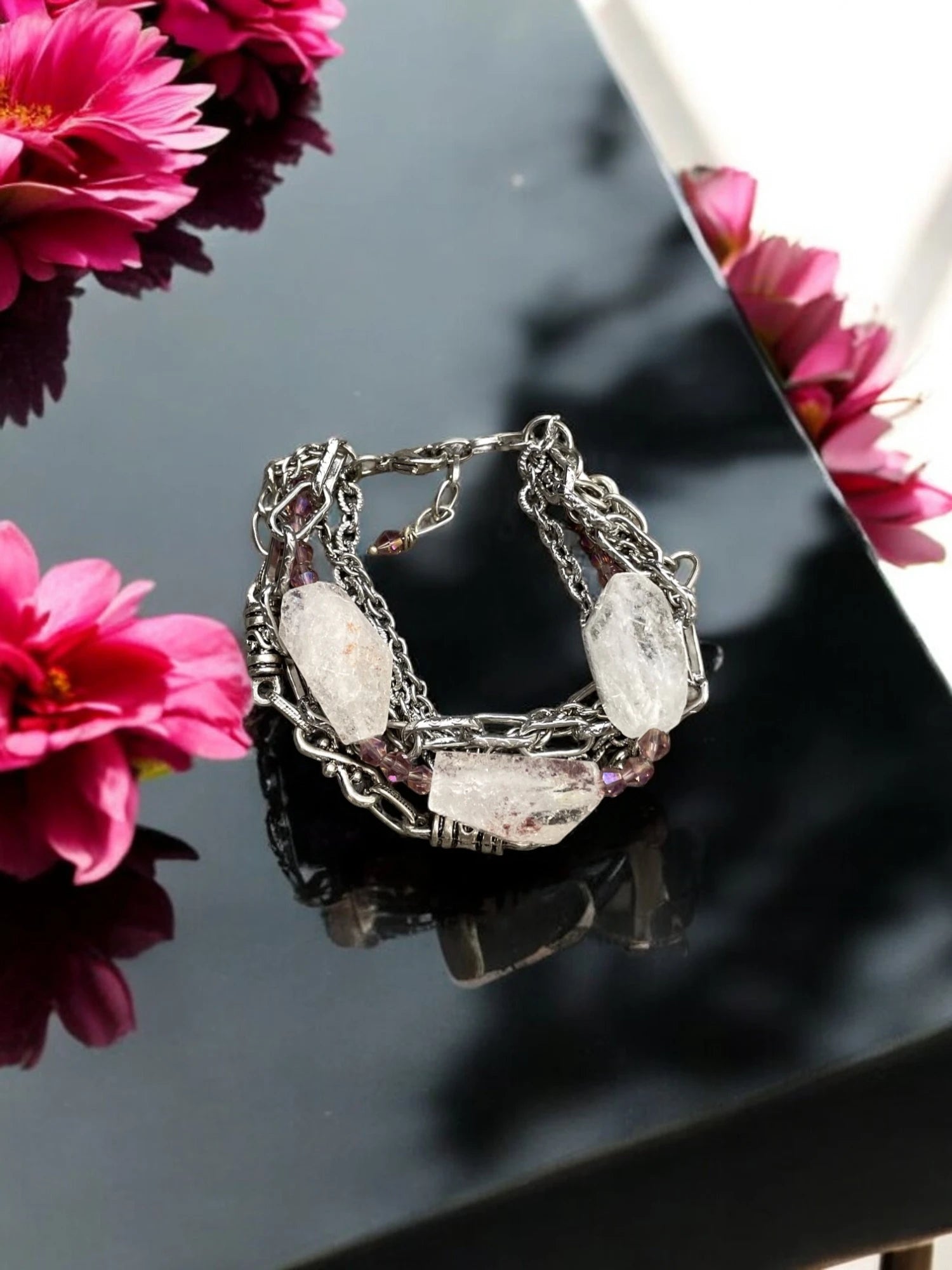 Multistrand Rose Quartz & Stainless Steel Chain Bracelet, Crystal Bracelet