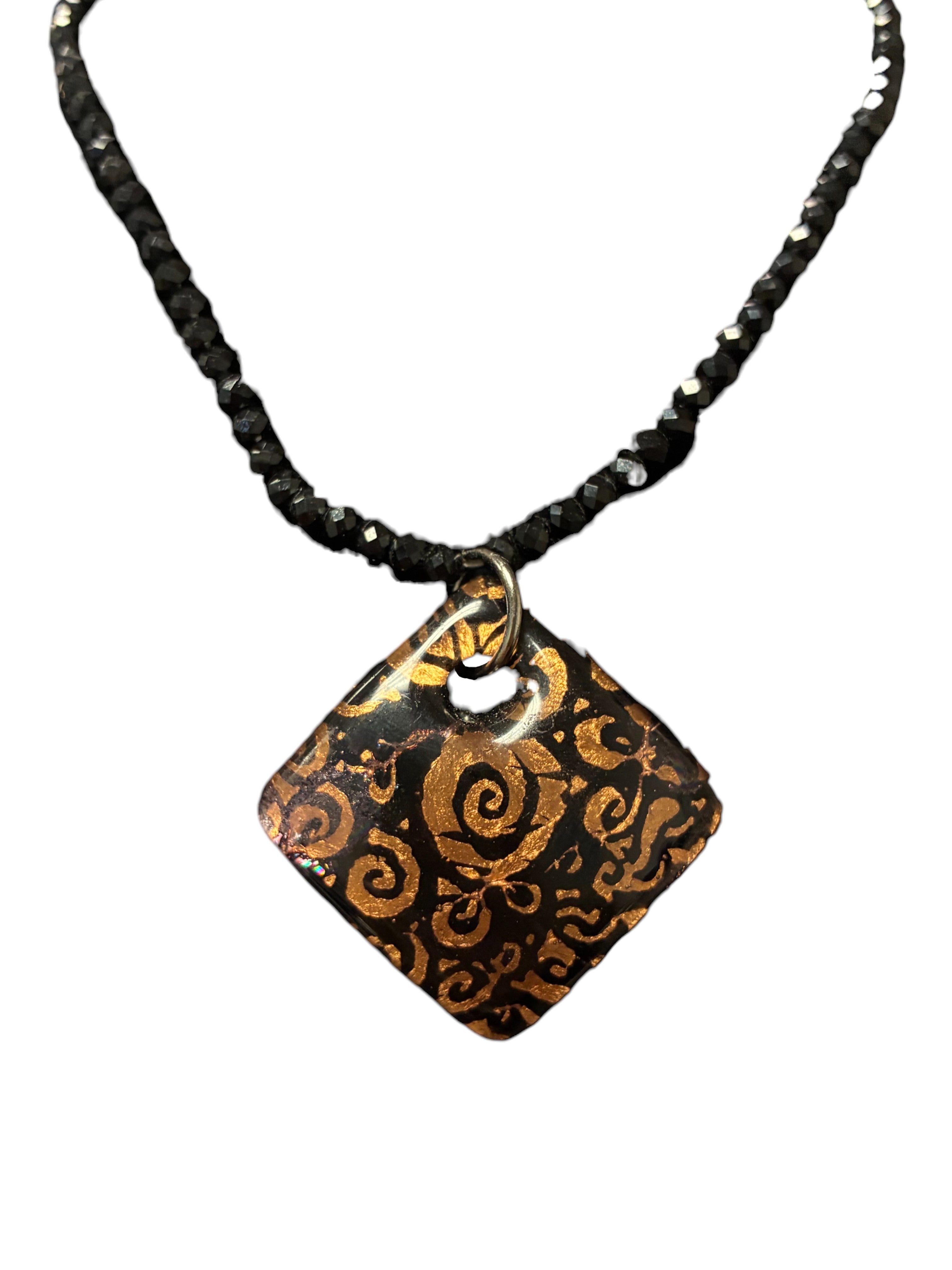 Bold Bronze and Black Swirled Murano Glass Diamond Pendant on Black Crystal Beads