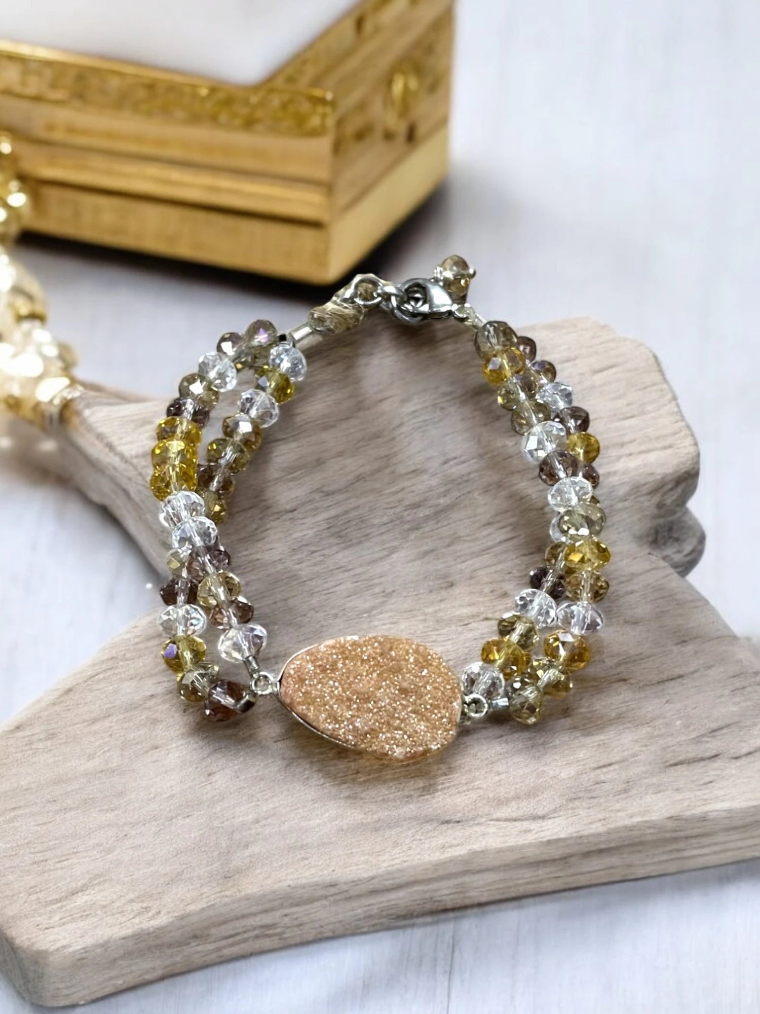 Orange Druzy & Crystal Double Strand Bracelet, Sparkly Gemstone Bracelet