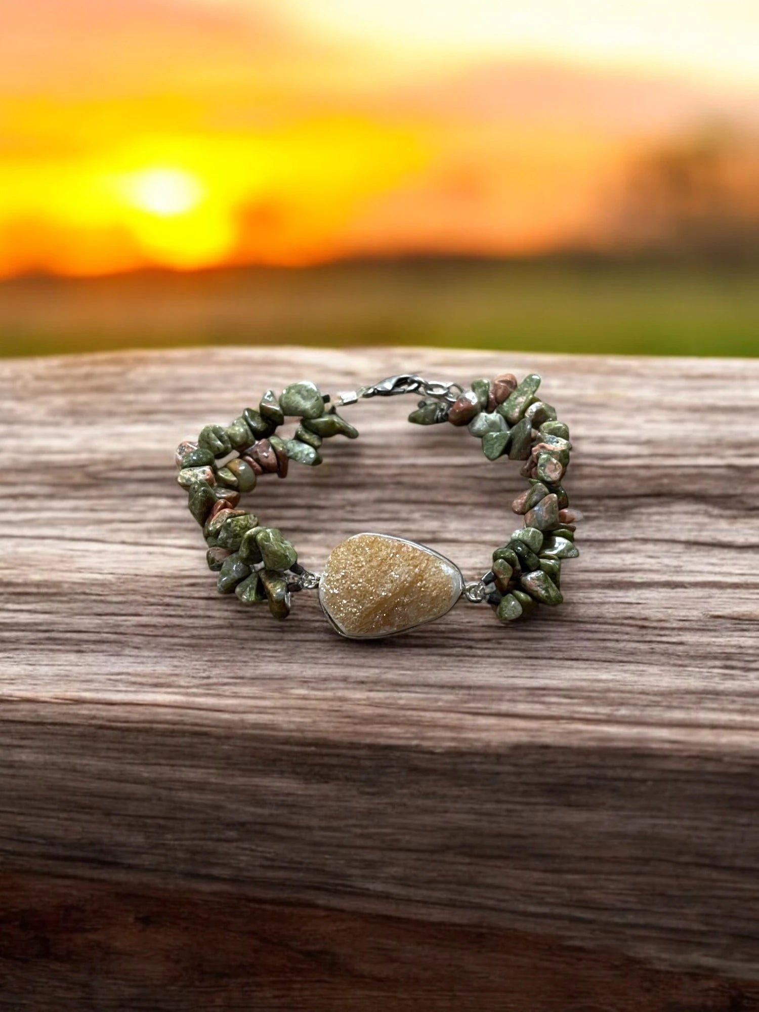 Orange Druzy & Unakite Double Strand Bracelet, Gemstone Bracelet