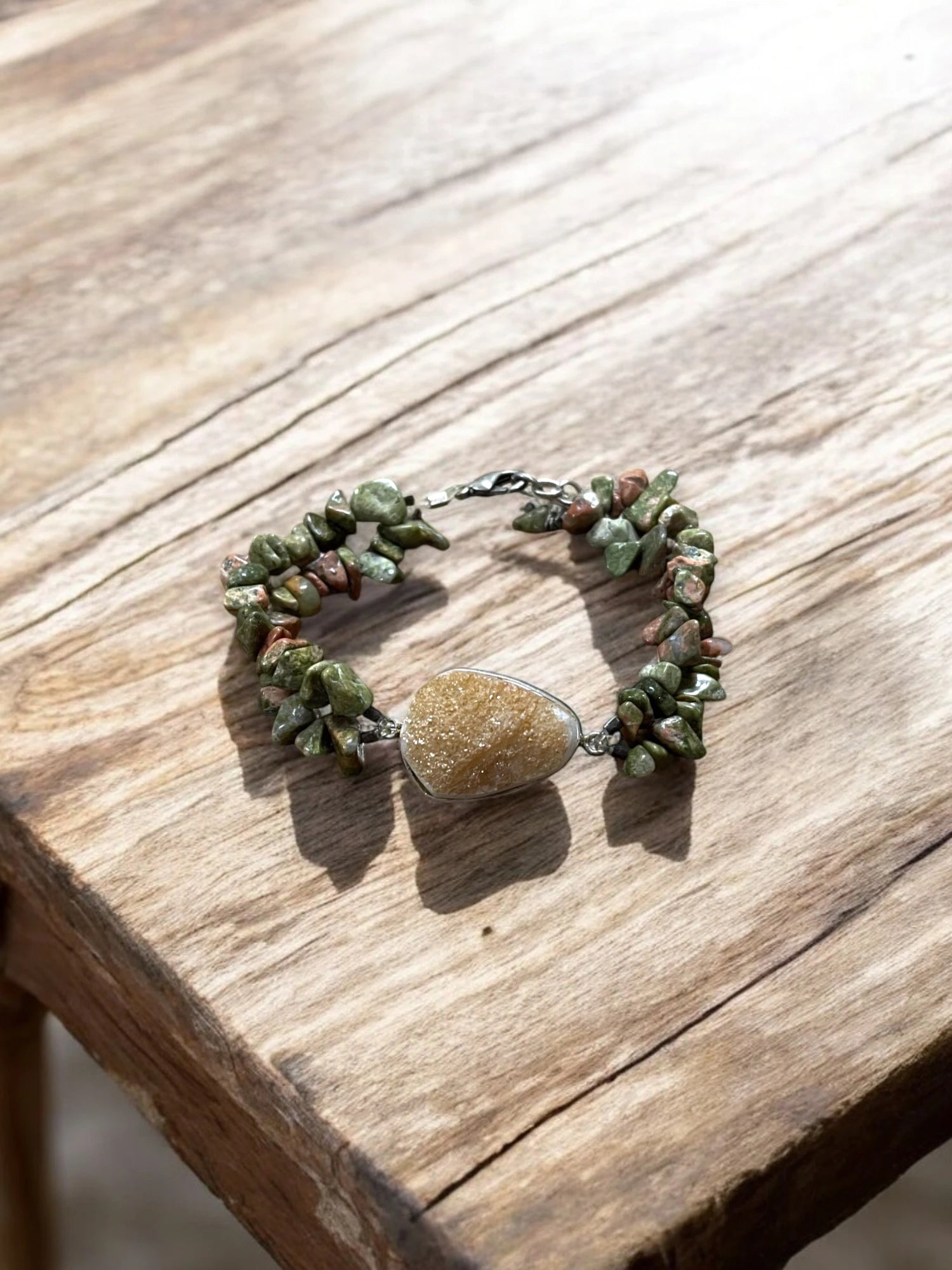 Orange Druzy & Unakite Double Strand Bracelet, Gemstone Bracelet