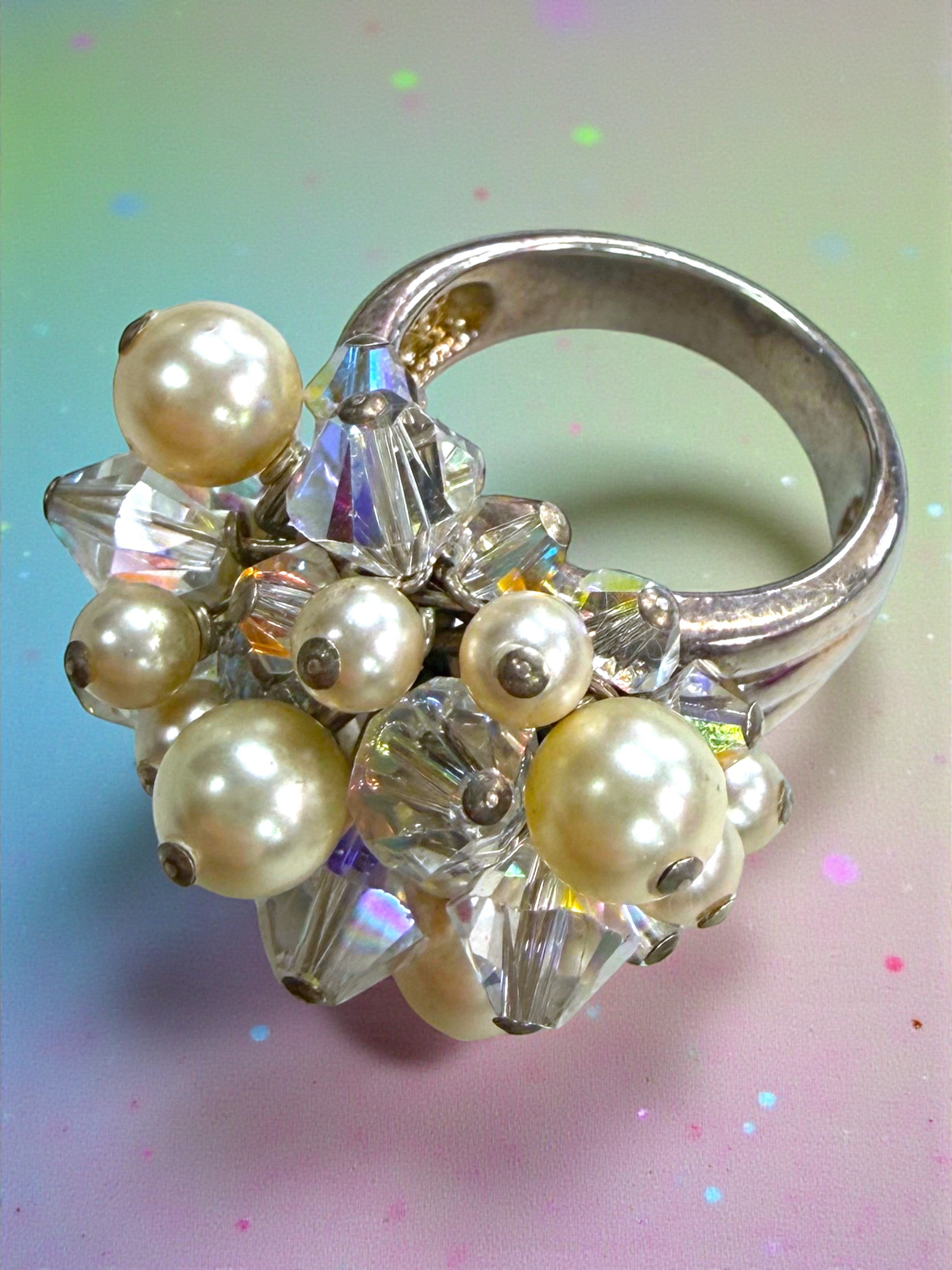 Sterling Silver Austrian Pearl & Crystal Cluster Ring
