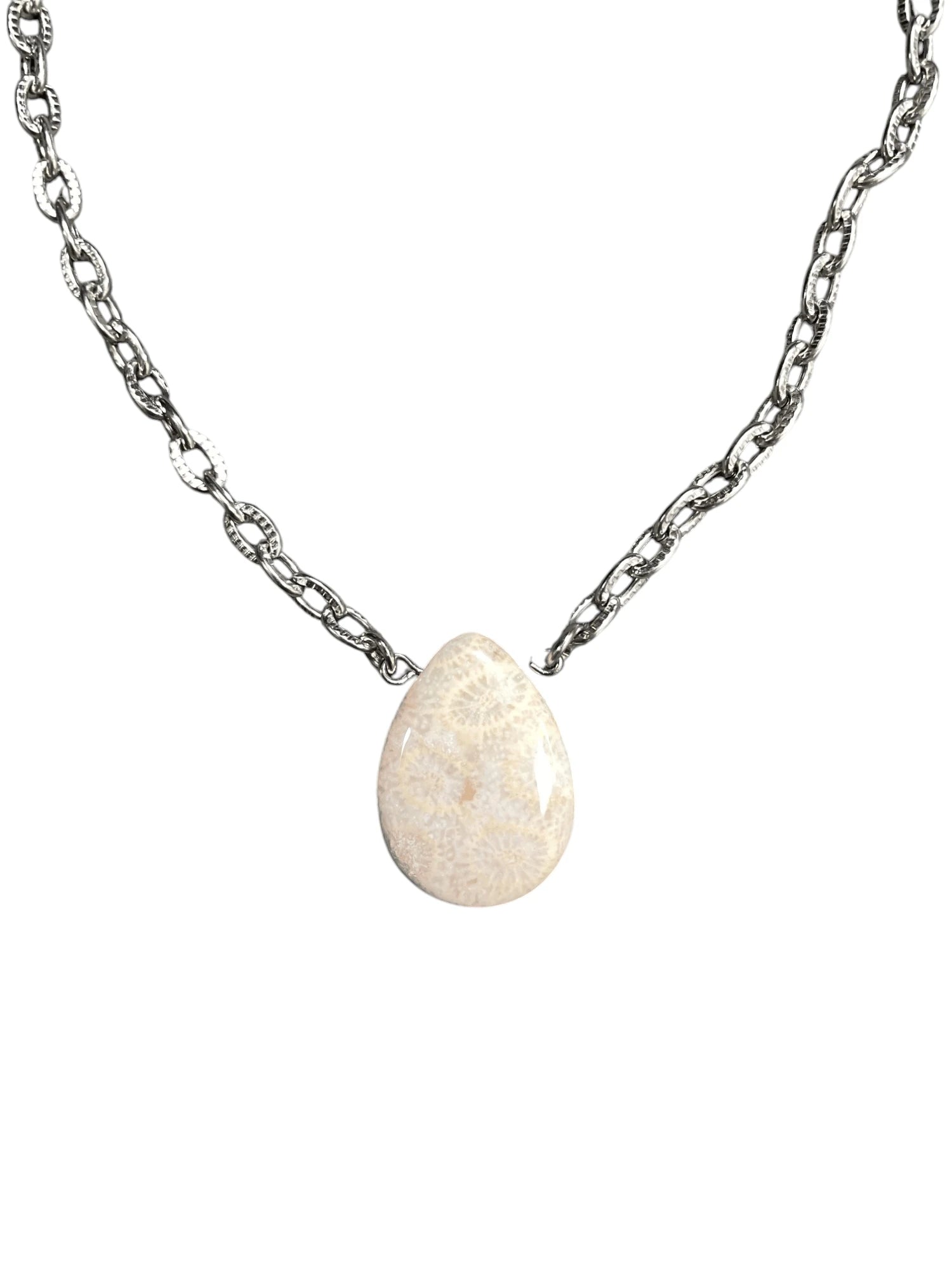 Petrified Palm Teardrop Pendant Necklace, Stainless Steel Chain