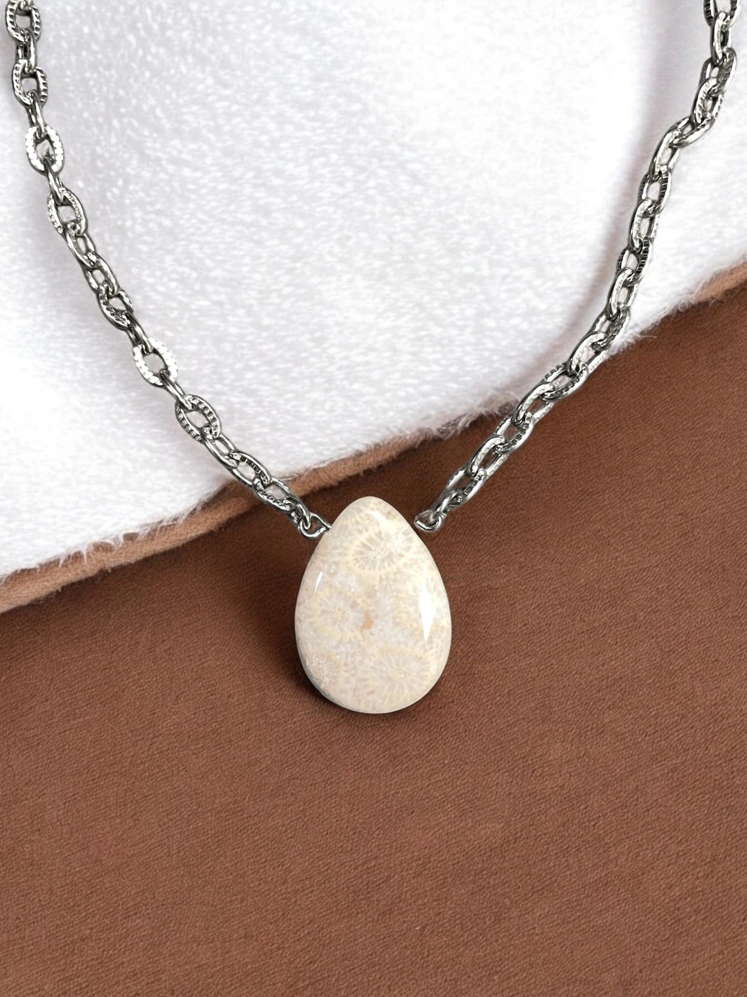 Petrified Palm Teardrop Pendant Necklace, Stainless Steel Chain