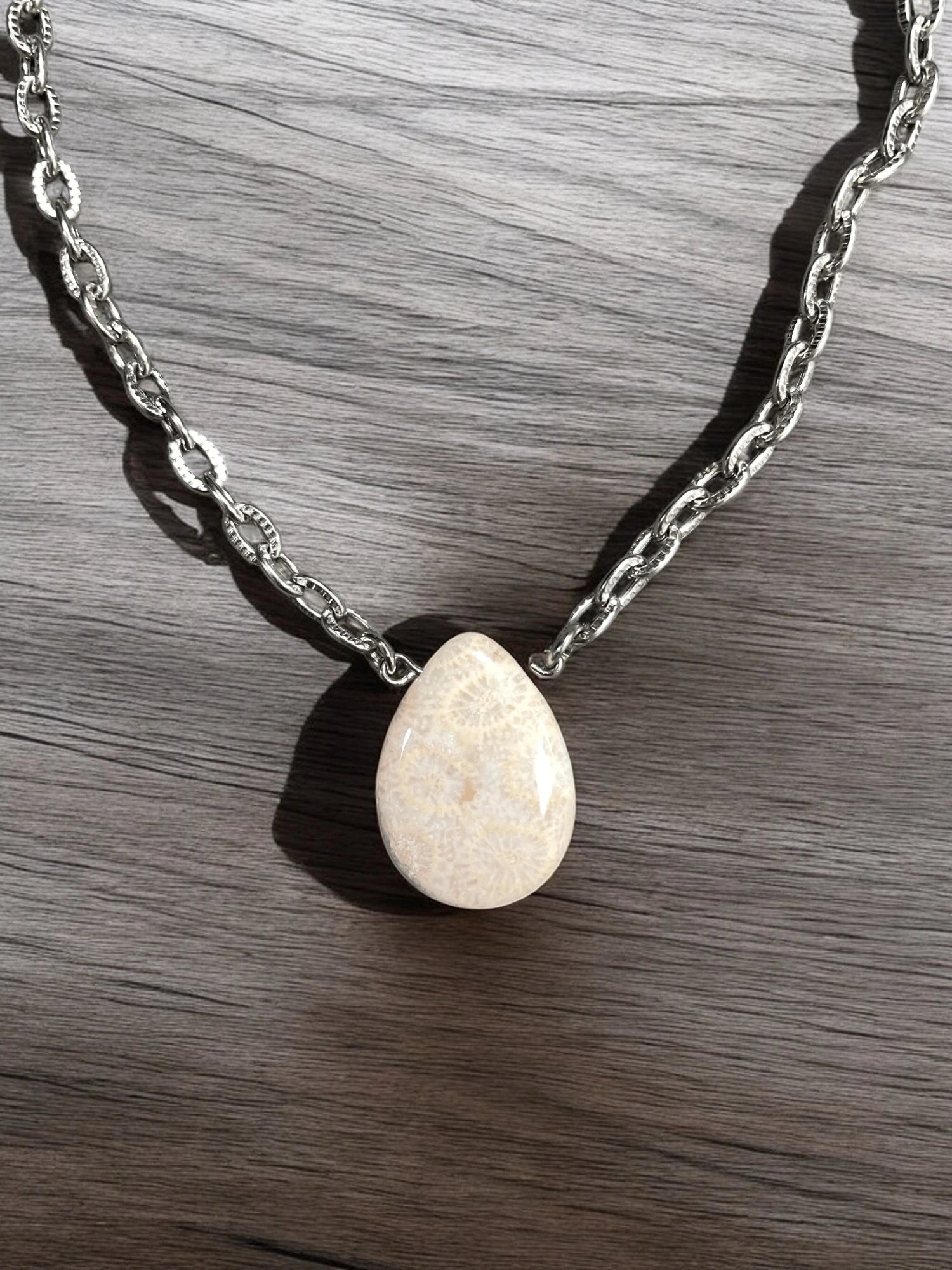 Petrified Palm Teardrop Pendant Necklace, Stainless Steel Chain