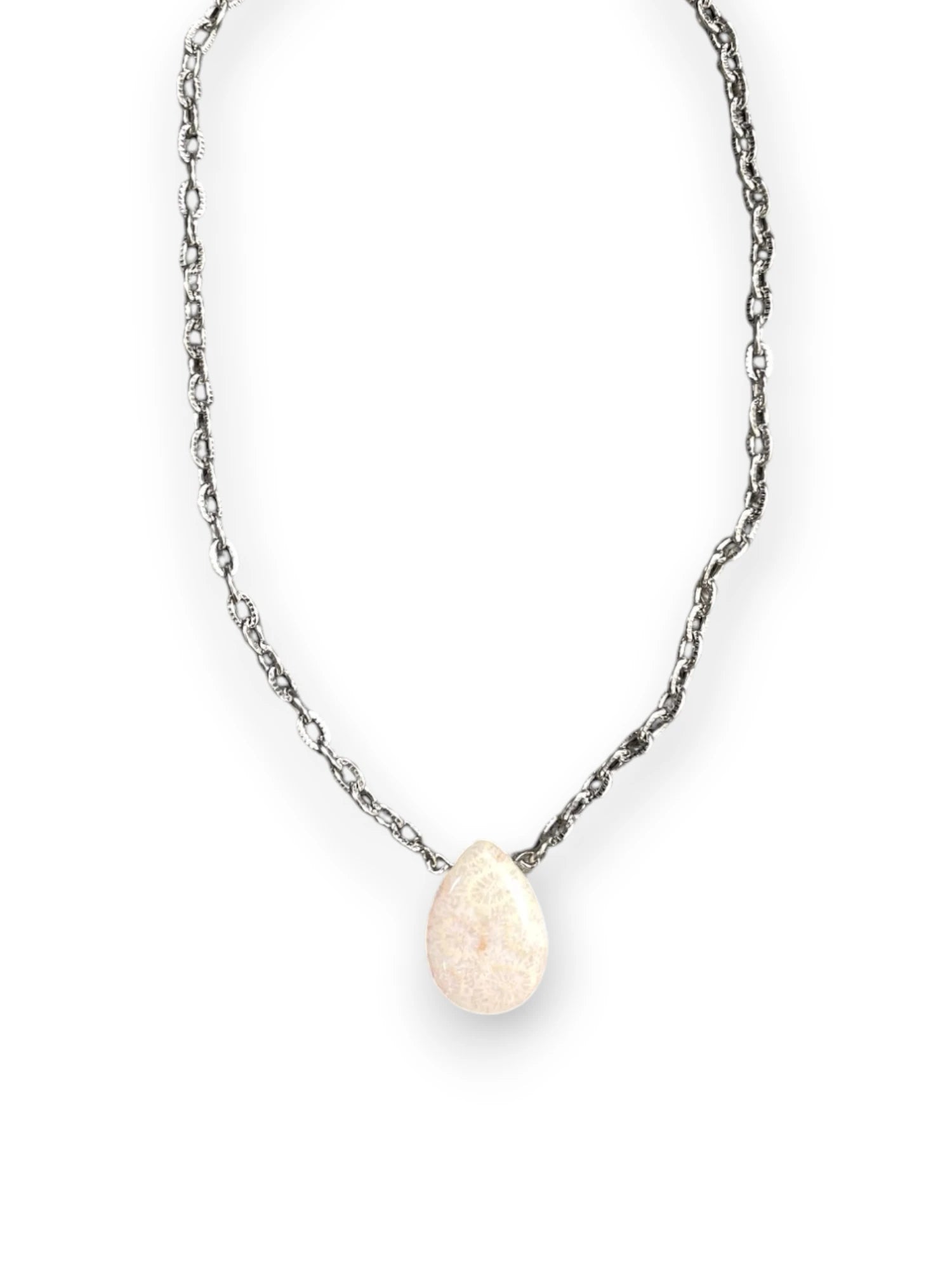 Petrified Palm Teardrop Pendant Necklace, Stainless Steel Chain