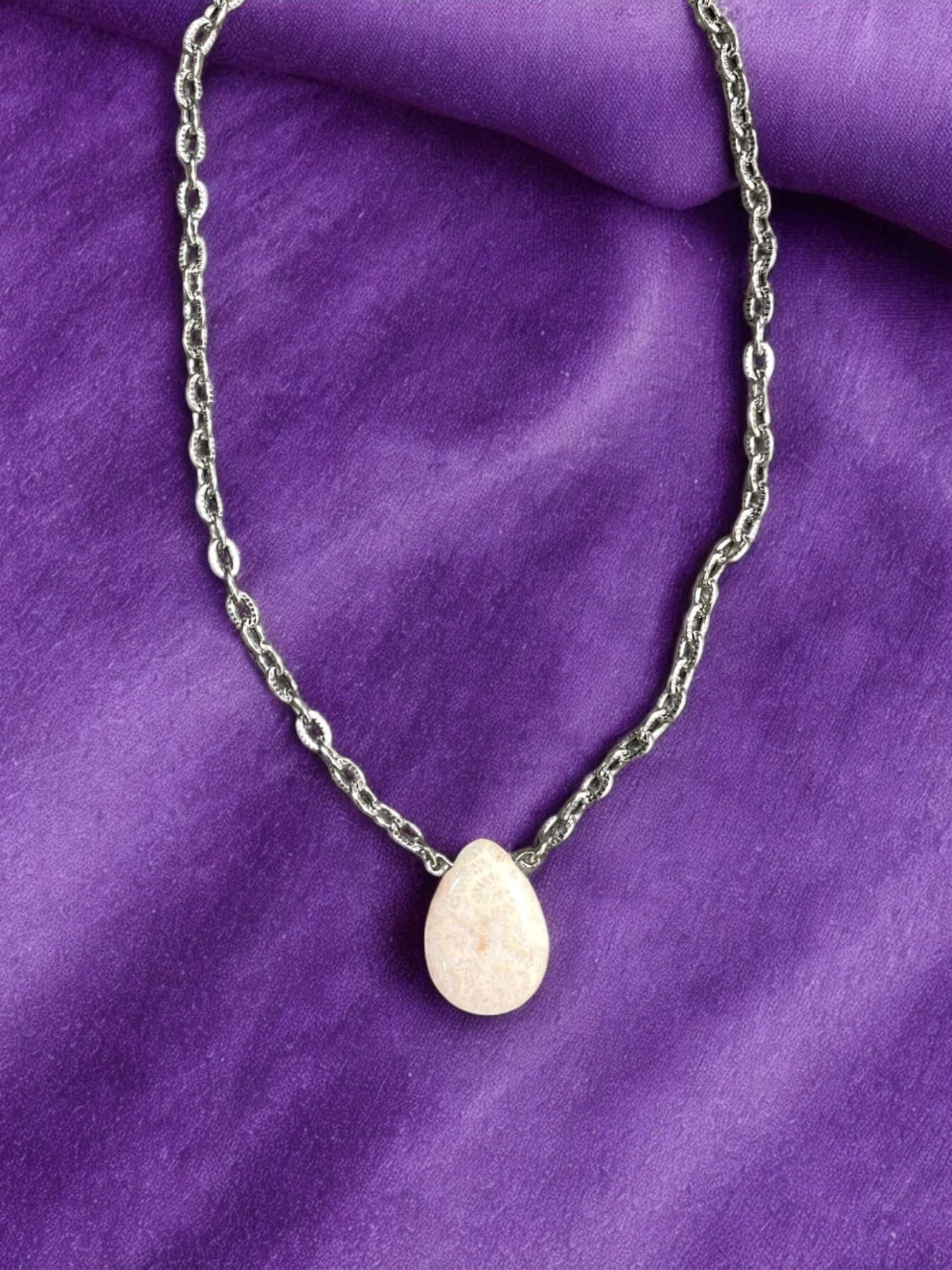 Petrified Palm Teardrop Pendant Necklace, Stainless Steel Chain