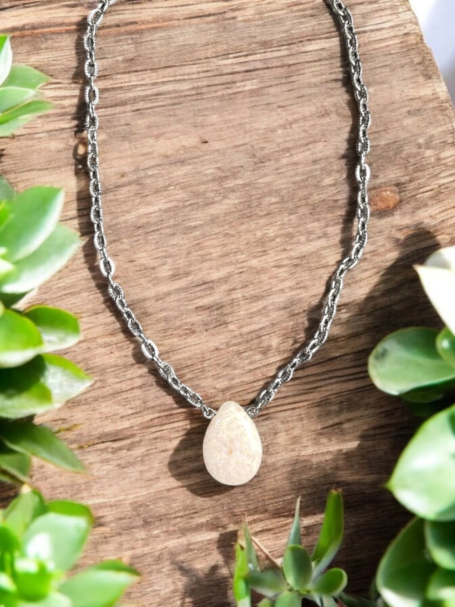 Petrified Palm Teardrop Pendant Necklace, Stainless Steel Chain