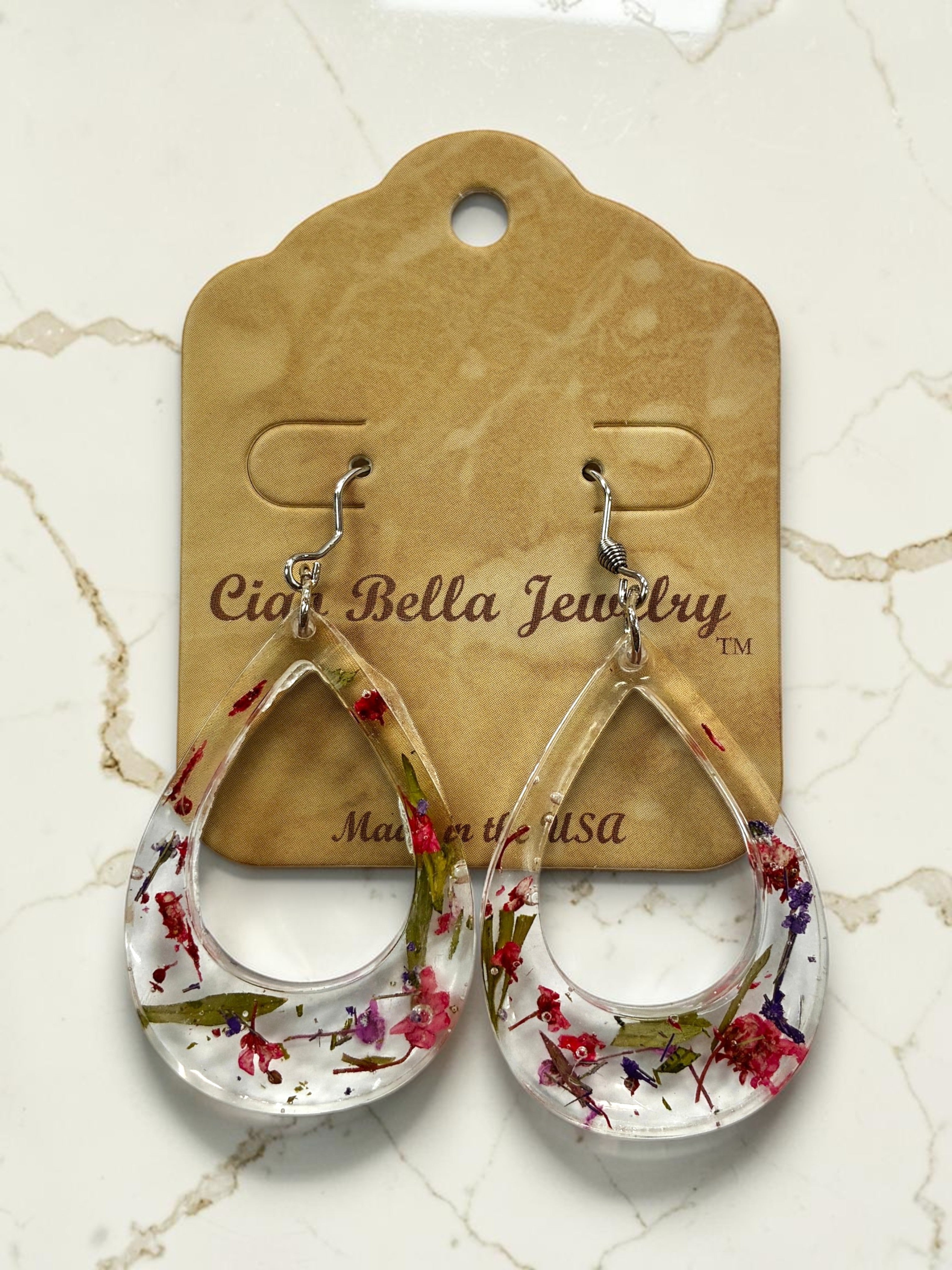 Pressed Flower Resin Teardrop Earrings in Rainbow Variant Colors