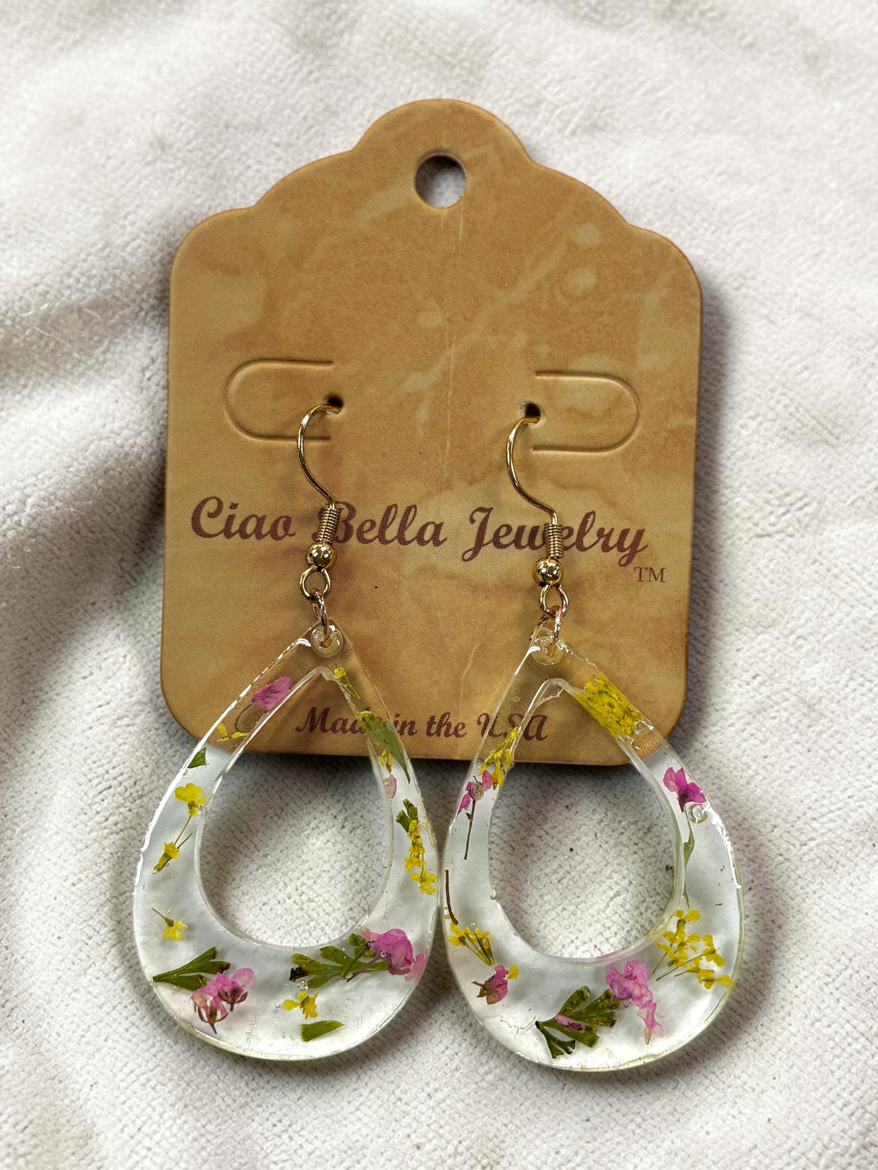 Pressed Flower Resin Teardrop Earrings in Rainbow Variant Colors