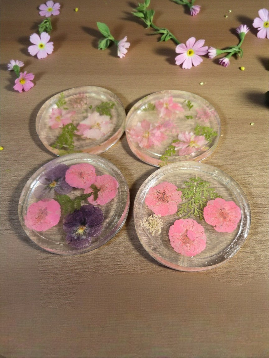 Four Pressed Flower Resin Coasters Set - Botanical Coaster with Real Flowers