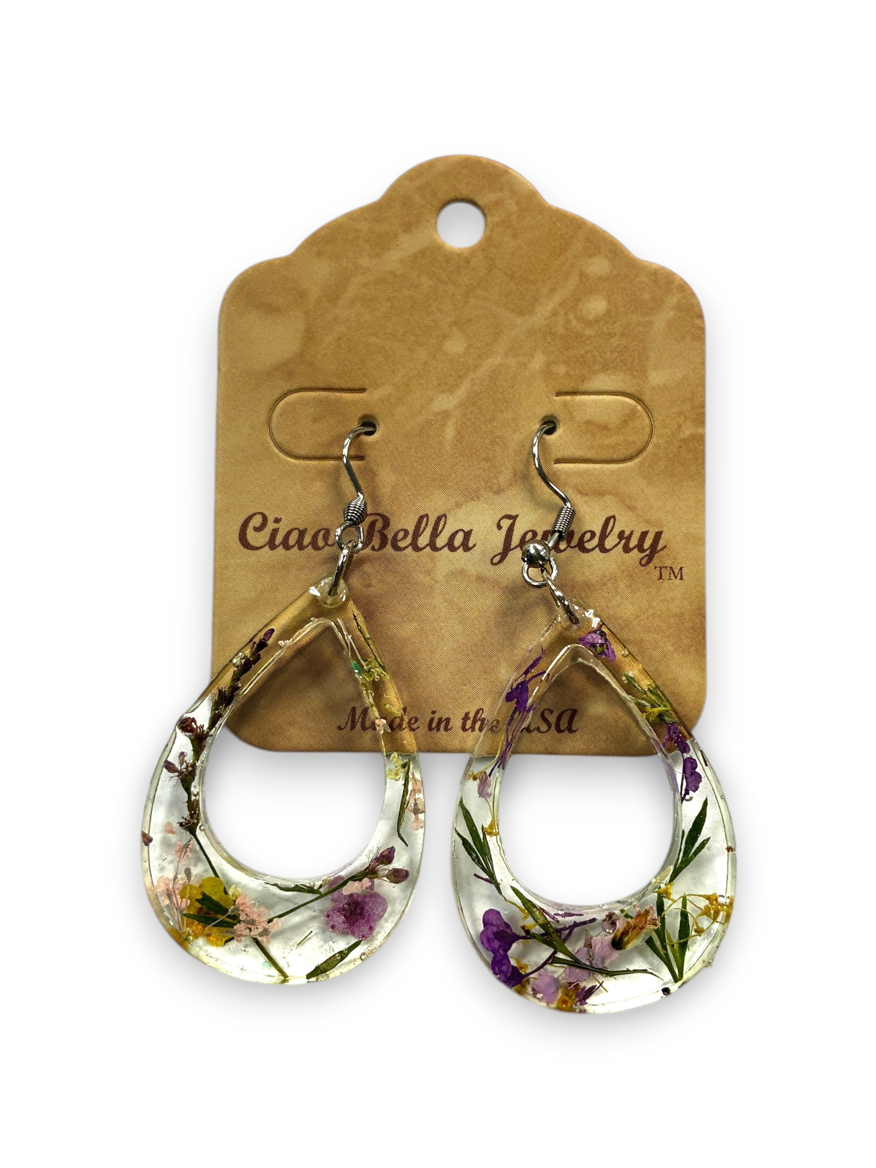 Pressed Flower Resin Teardrop Earrings in Rainbow Variant Colors
