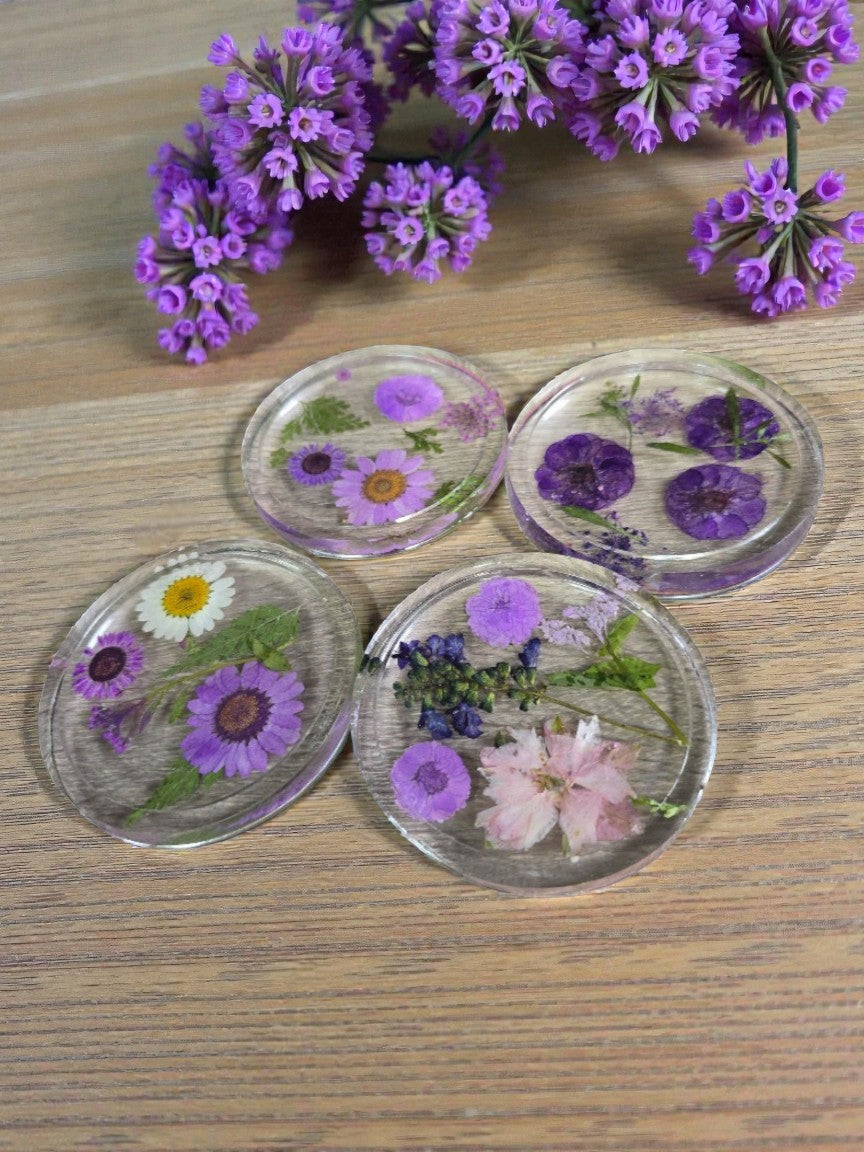 Four Pressed Flower Resin Coasters Set - Botanical Coaster with Real Flowers